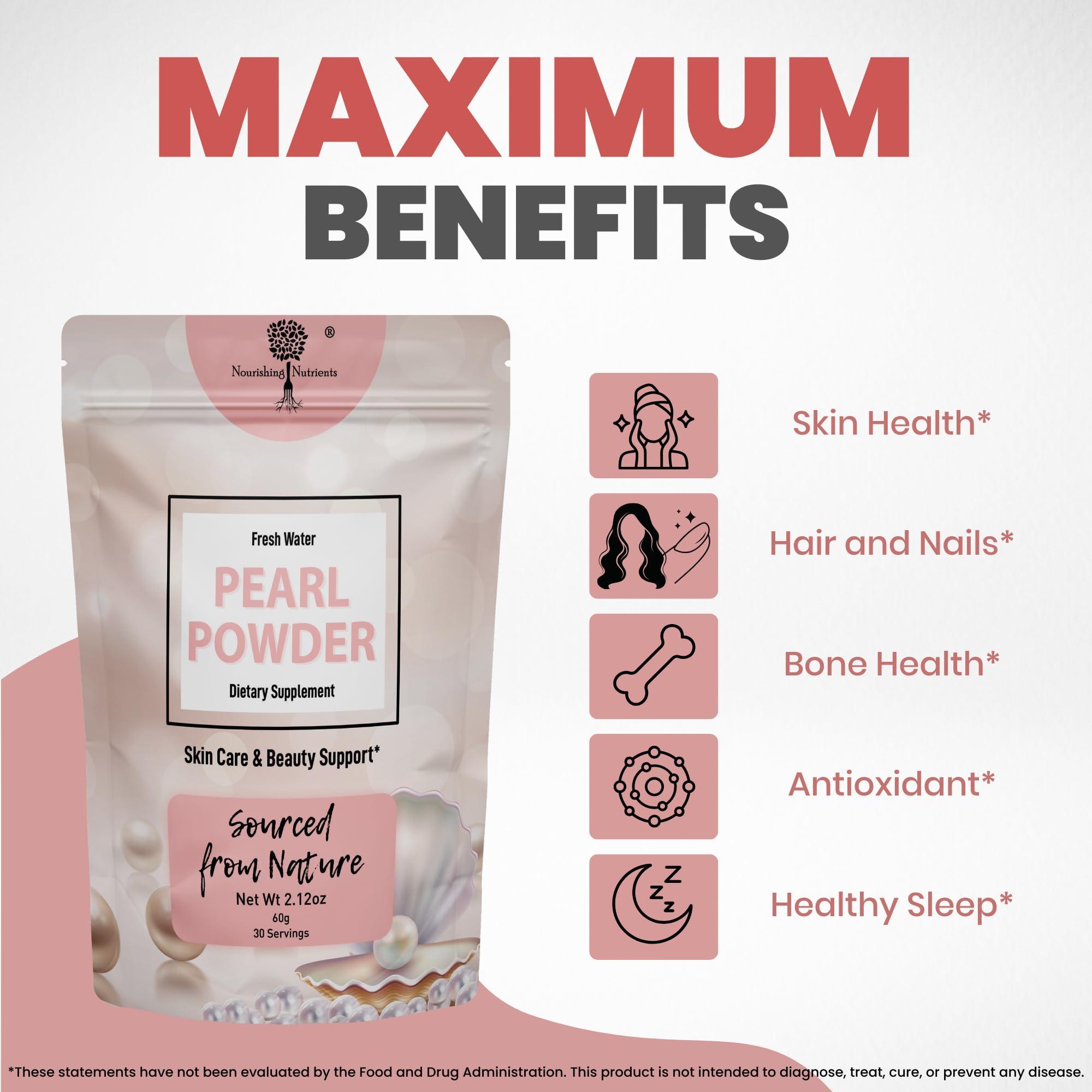 Nourishing Nutrients Pearl Powder Supplement for Skin Health - Anti-Aging, Antioxidant & Collagen Production - Healthy Eyes, Hair and Nails, Supports Immunity, Mood and Sleep - With Calcium and Amino Acids 60g 30 servings