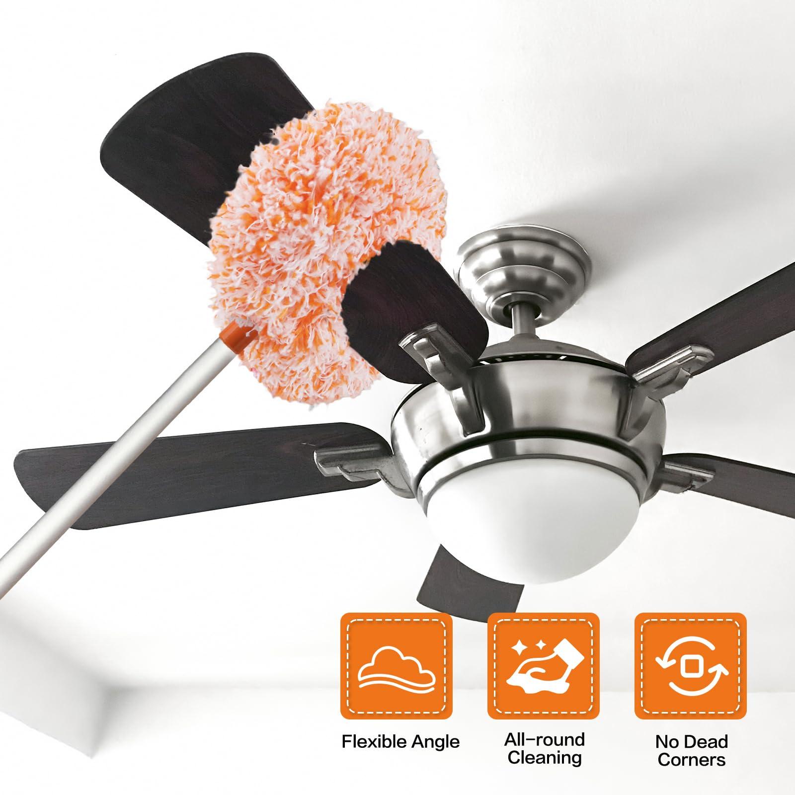 Heonay Ceiling Fan Cleaner Duster Reusable Microfiber Ceiling Fan Blade Cleaner Removable Duster with Extension Pole Adjusts 13 to 49.7 Inch for Cleaning Walls Furniture Door Window Top (Orange White)