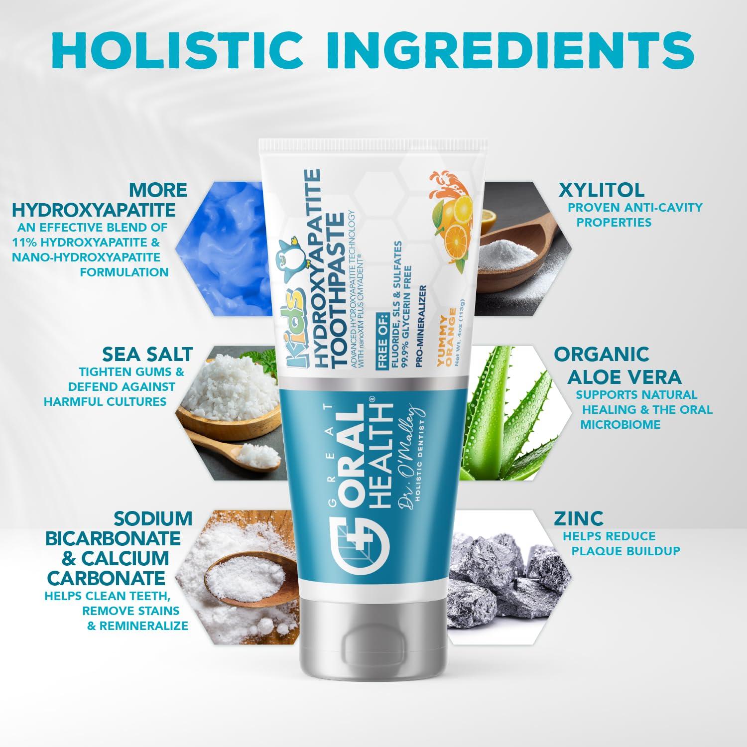 Great Oral Health Kids Toothpaste Fluoride Free: Dentist Recommended Non Toxic Nano Hydroxyapatite Toothpaste for Kids Remineralizing Toothpaste, Safe Children Toddler Toothpaste + Xylitol for Cavity Protection, Gums