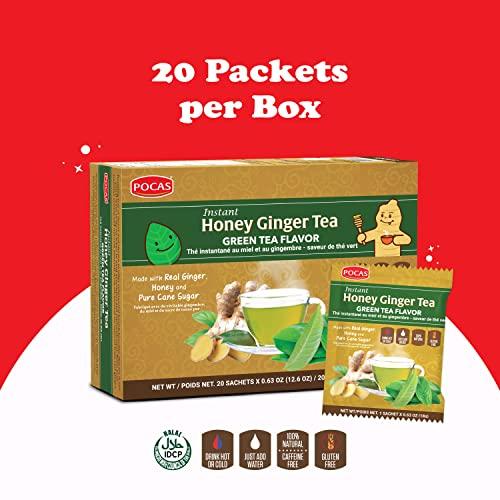 Pocas Pocas Honey Ginger Tea - Instant Tea Powder Packets with Green Tea Extract & Ginger Honey Crystals Tea, Non-GMO/Gluten Free/Caffeine Free Tea, 20 Count