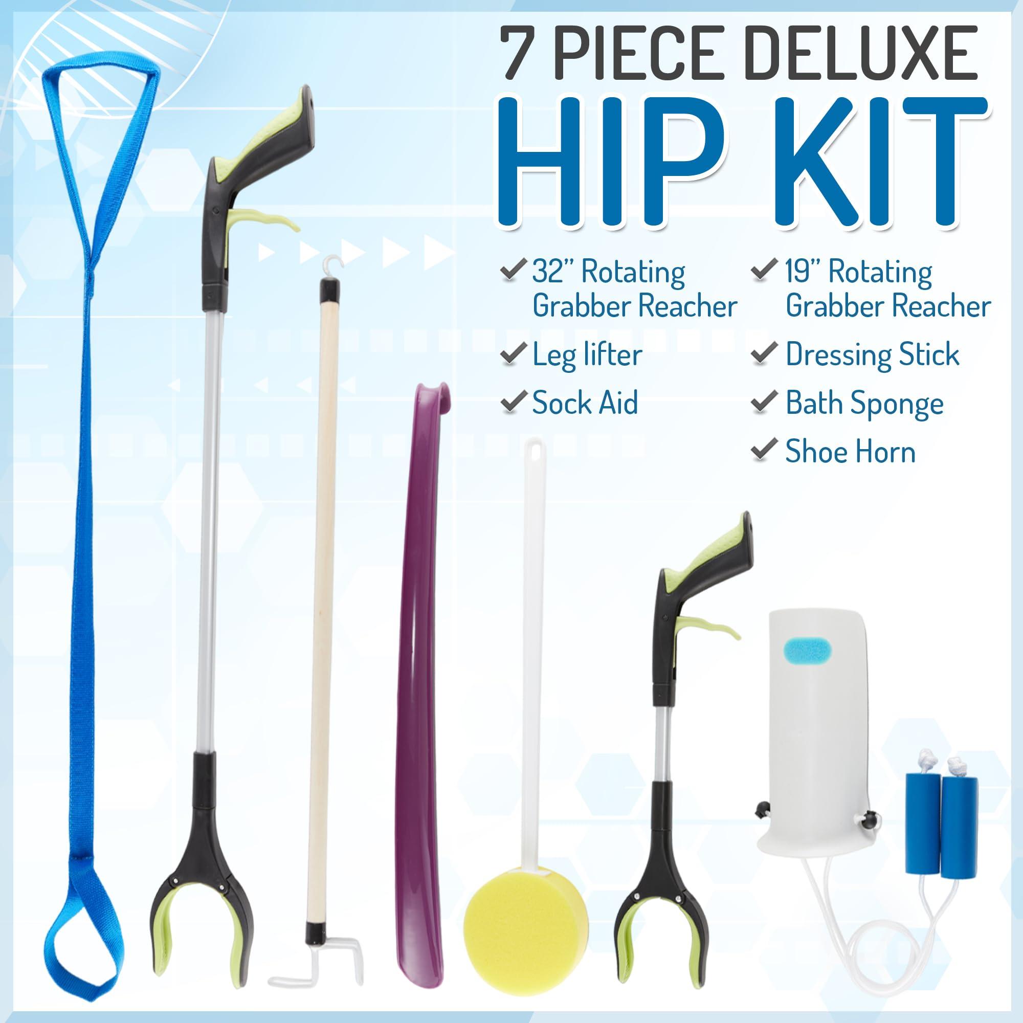 MARS WELLNESS 7 Piece Deluxe Hip Kit - Deluxe Hip/Knee Replacement Kit Tool - Leg Lifter, Sock Iad, 2 Rotating Grabber Reacher, Dressing Stick, Shoe Horn, Bath Sponge - Surgery Recovery Kit