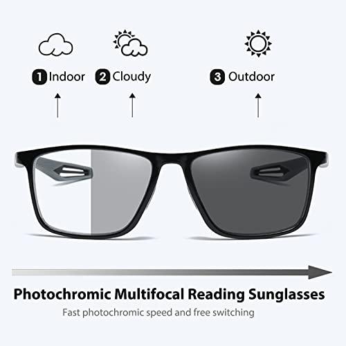 K.LAVER Photochromic Progressive Multifocus Reading Glasses unisex Lightweight Blue Light Blocking Multifocal Reader Flexible TR90 UV400 Protection Transition Sunglasses With Spring Hinges No Line Eyewear 3.0