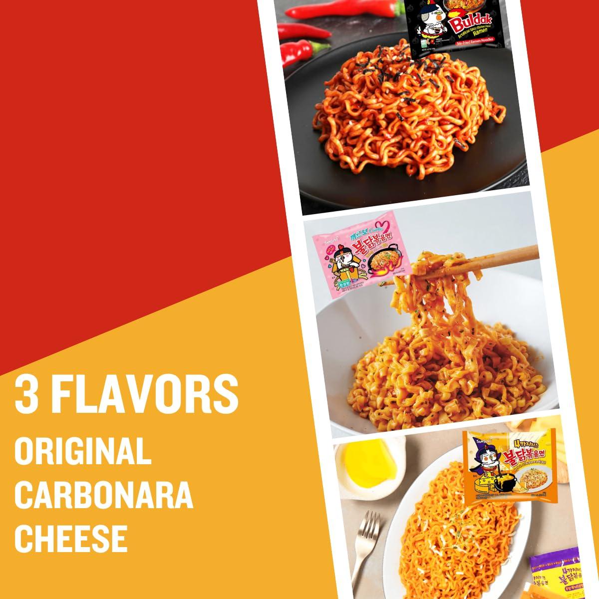 UNHA\'S ASIAN SNACK BOX Hot Chicken Buldak Ramen 3 Flavor with Korean Rice Cake Tteokbokki Stick - Rapokki Stir Fried Ramen Noodle with Tteokbokki Carbonara, Cheese, Original Spicy