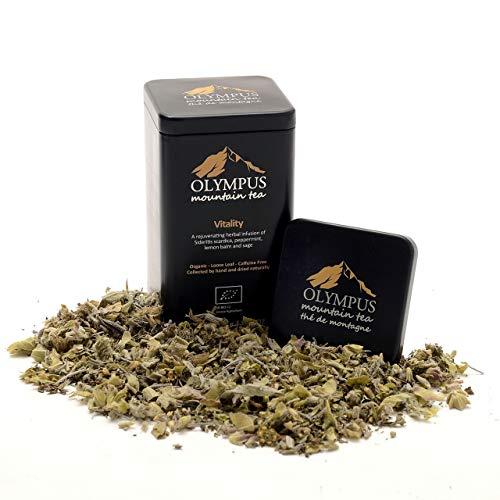 Hestia Foods Vitality OLYMPUS Mountain Tea. Organic Greek Herbal Tea Mix of: Greek Mountain Tea (Sideritis Scardica), Peppermint, Lemon Balm and Sage. Metal Tin Box 50 g. / 1.76 oz