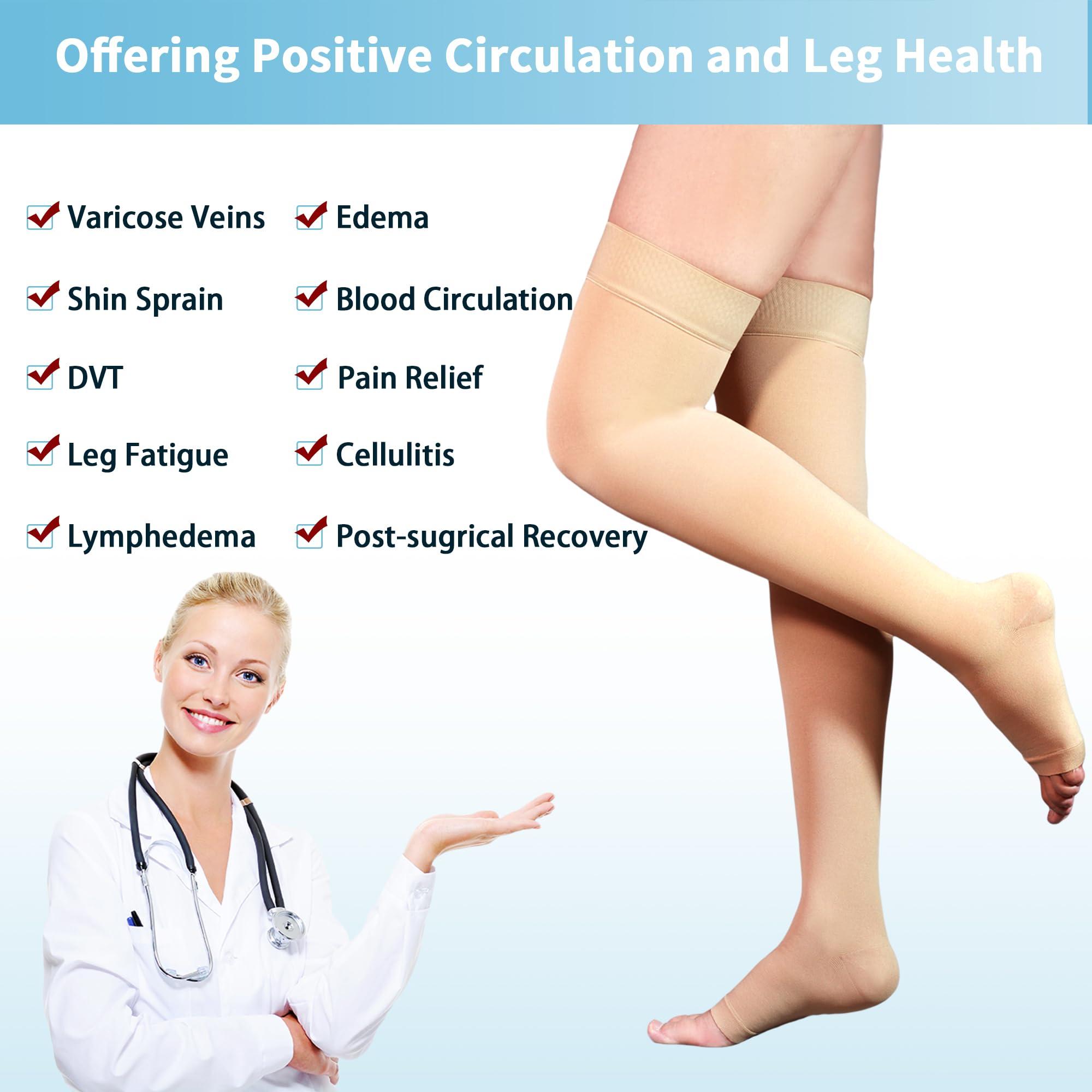 Bewzilove 20-30 mmHg Compression Stockings for Women & Men, Thigh High Compression Socks Open Toe, Silicone Dot Band (Nude, Small)