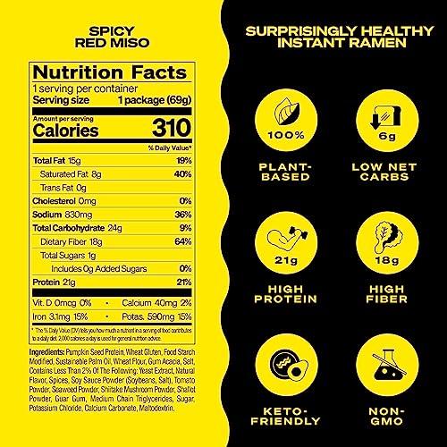 immi immi Spicy Red Miso Ramen, 100% Plant Based, Keto Friendly, Low Carb, High Protein, Packaged Noodle Meal Kit, Ready to Eat, 6 Pack