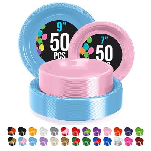 Exquisite Exquisite 9 & 7 Inch. Dinner Plate Combo 100 Pack Light Blue & Pink Plastic Plates Disposable, 50-7 Inch Dessert Plates & 50-9 Inch Dinner Plates Light Blue & Pink Plate Set Plastic Plates For Party