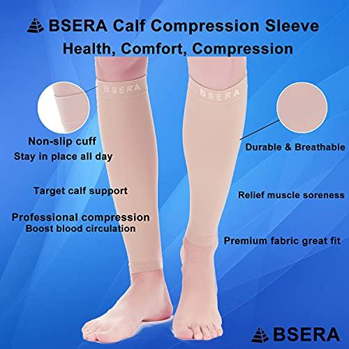 BSERA BSERA Calf Compression Sleeve Women, 2 Pairs 15-20mmHg Calf Support Footless Compression Socks Stockings for Shin Splints, Varicose Veins, Recovery (Nude/Skin, Large)