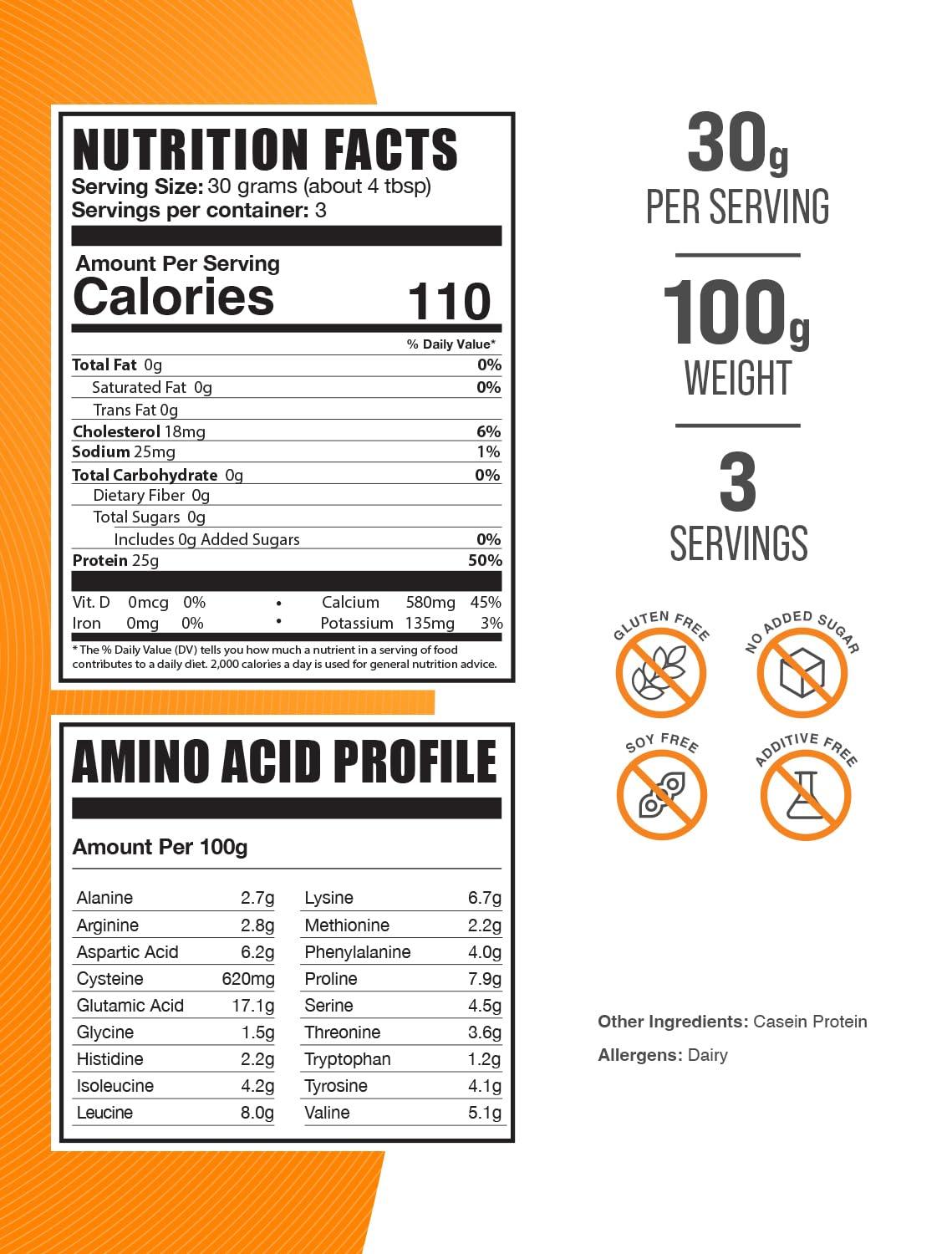 BulkSupplements BulkSupplements.com Casein Protein Powder - Micellar Casein Powder, Protein Powder Casein, Casein Powder - Gluten Free & Soy Free, 30g per Serving, 100g (3.5 oz) (Pack of 1)