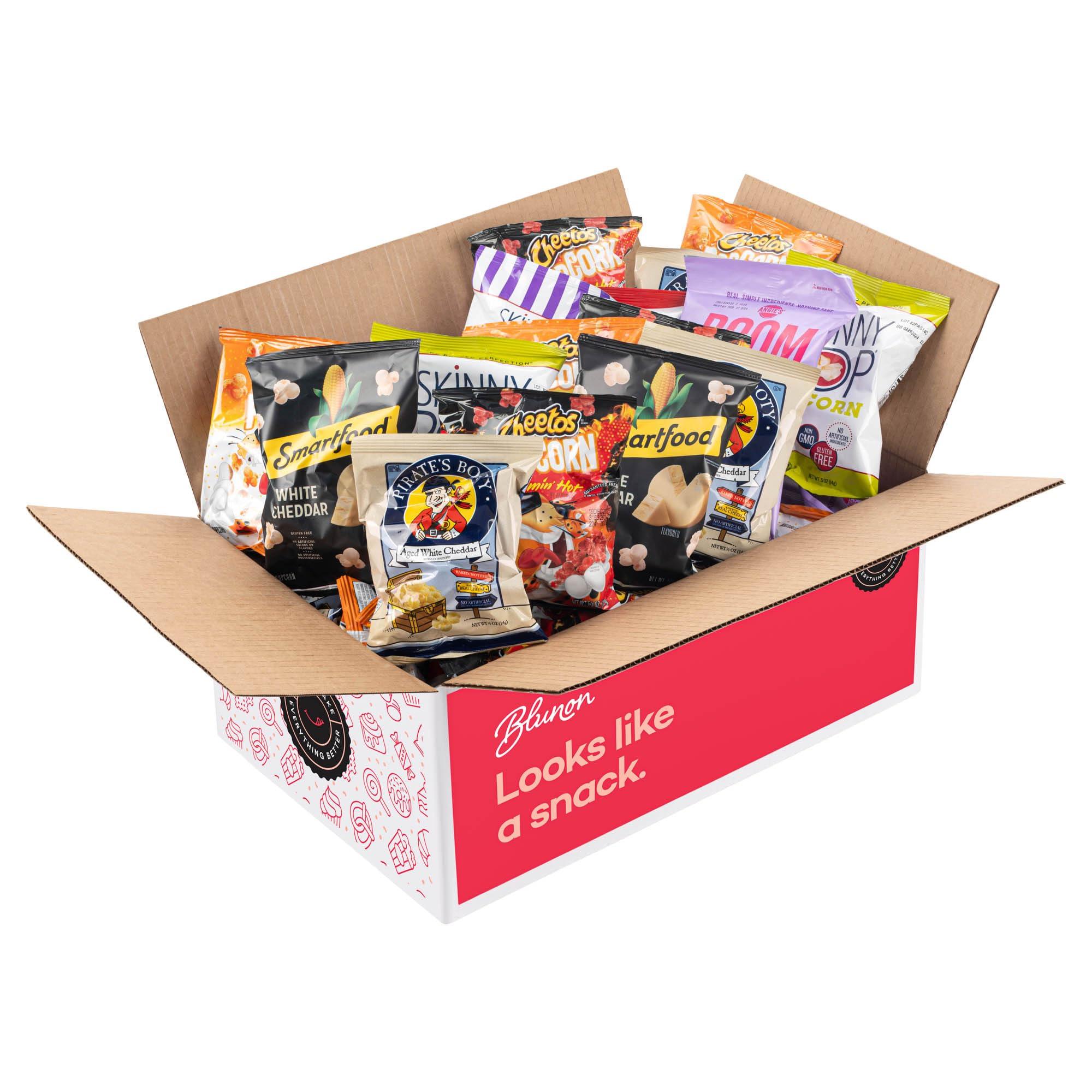 Blunon Popcorn Variety Pack - Snack Bag Assortment Care Package - Bulk Sampler Gift Box (32 Count)