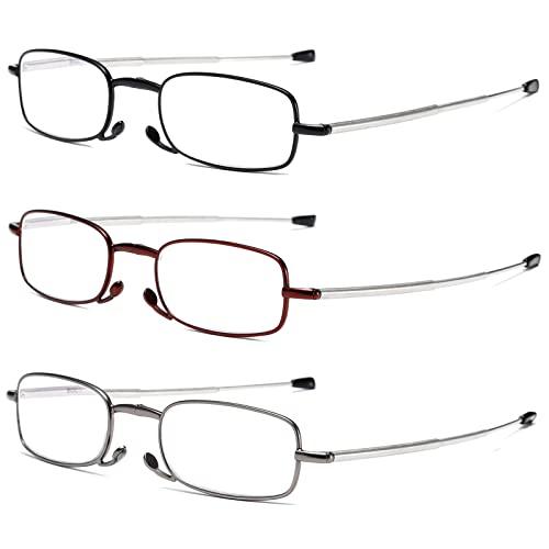 OWTXIS OWTXIS 3 Pack Folding Reading Glasses for Men Women, Keychain Compact Readers Blue Light Portable Pocket Eyeglasses (Black, Gunmetal, Red, 2.75)