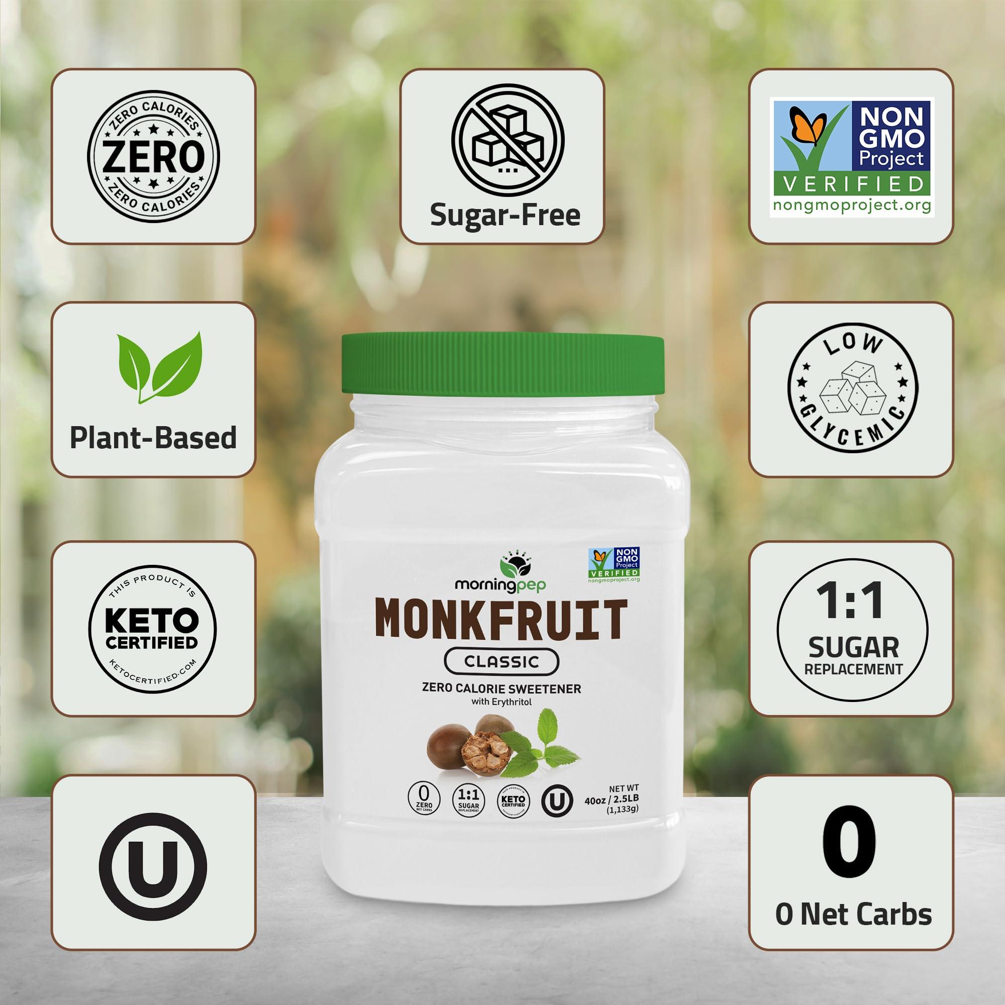 Morning Pep Morning Pep Monk Fruit Sweetener, Classic | White Sugar Substitute, Keto Diet Friendly, 1:1 Sugar Replacement, For Baking, Coffee, Tea, Zero Calorie Non Gmo Project Verified, OU Kosher, White - 2.5 lb