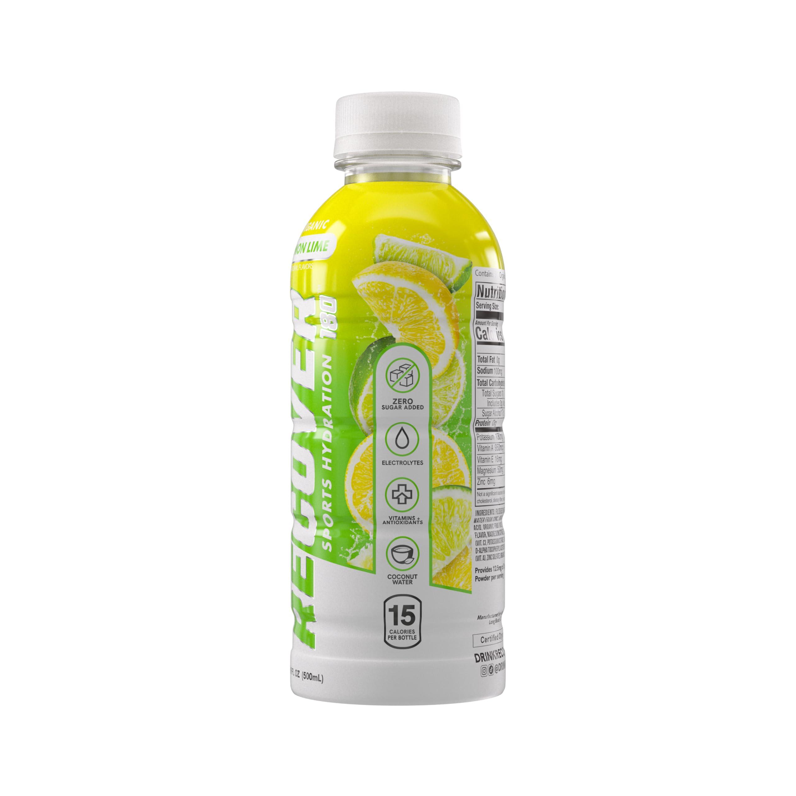 RECOVER 180 RECOVER 180 Organic Sports Hydration Drink, No Sugar Added, 15 Calorie Sports Beverage, Organic Flavors With Vitamins, Potassium-Packed Electrolytes (16.9 Fl Oz (Pack of 12), Lemon Lime)