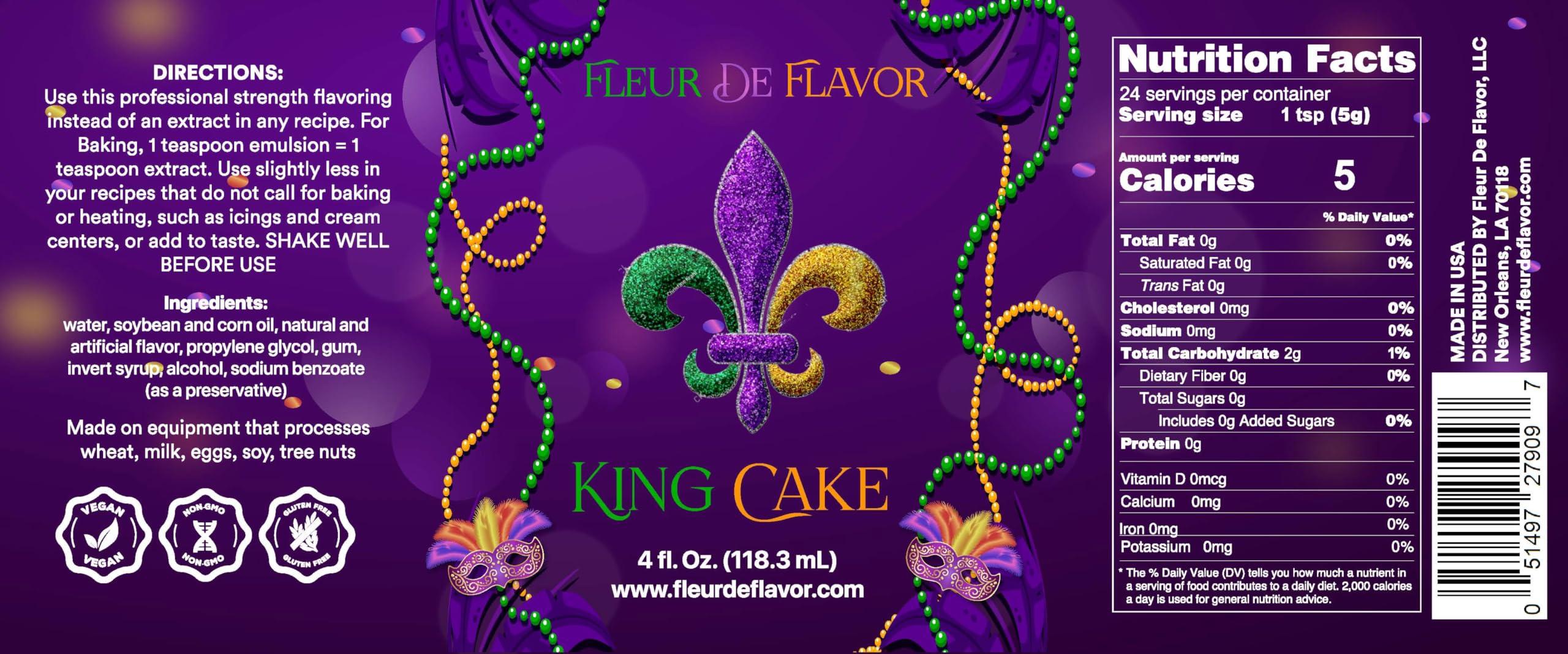 Fleur De Flavor Fleur De Flavor King Cake Emulsion Rich Mardi Gras Cinnamon & Vanilla Flavor with hint of Rum for Baking, Frosting, Ice Cream & Beverages Bake-Stable, Gluten-Free, No Artificial Colors (4 oz)