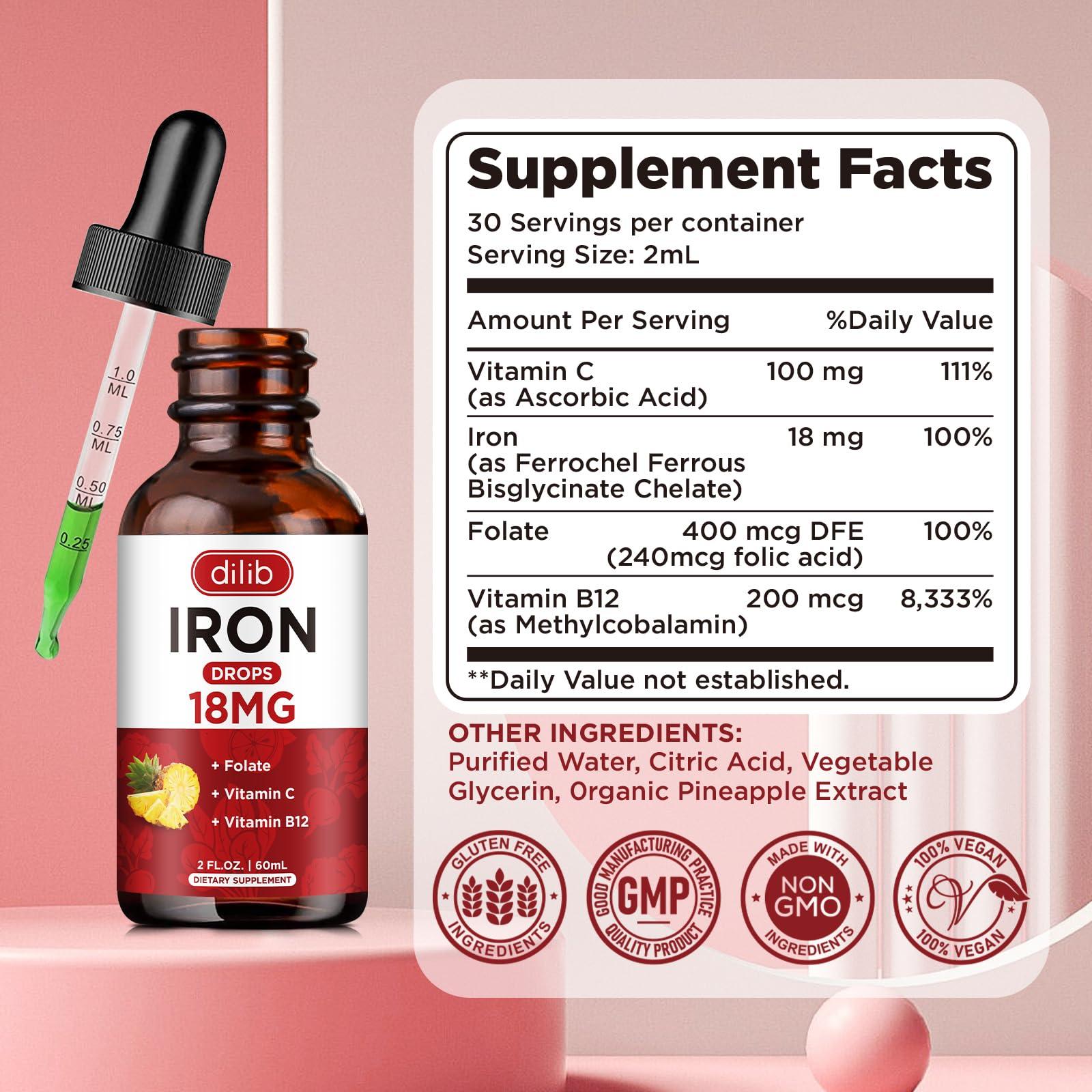 dilib Liquid Iron Supplement for Women & Men Iron Drops Iron Supplements for Anemia with Folate, Vitamin C, B12 for Red Blood Cell Support-Pineapple Flavor, 2 Fl Oz
