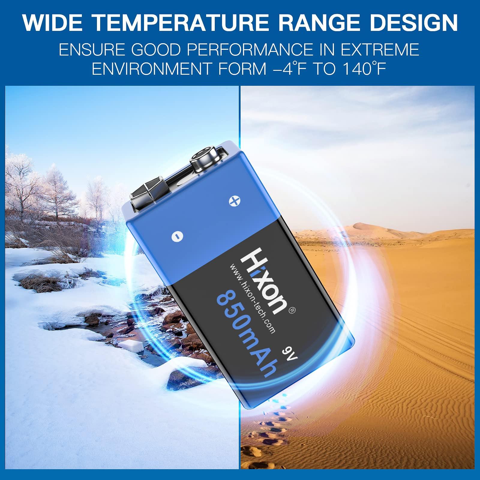 Hixon 9v Rechargeable Batteries,9 Volt Rechargeable Batteries with Charger kit,4-Pack 850mAh 9v Lithium Batteries for Alarms Wireless Microphones Smoke Detectors Toys Flashlights and More