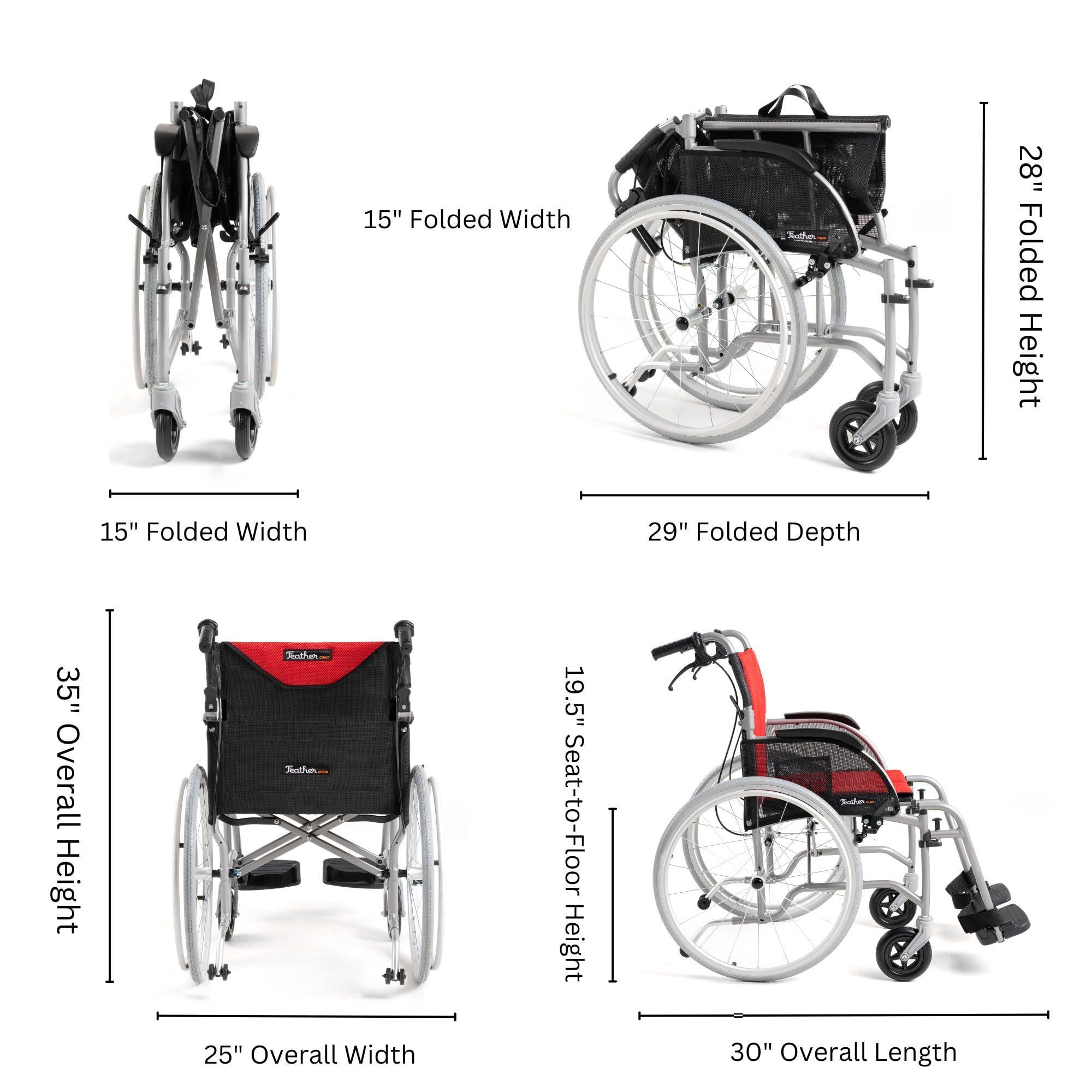 FeatherMobility Feather Mobility - Red Cushion 13.5lb Silver Frame Lightweight Folding Wheelchair - with Swingaway Legrests, Anti-tippers, and Quick Release Wheels