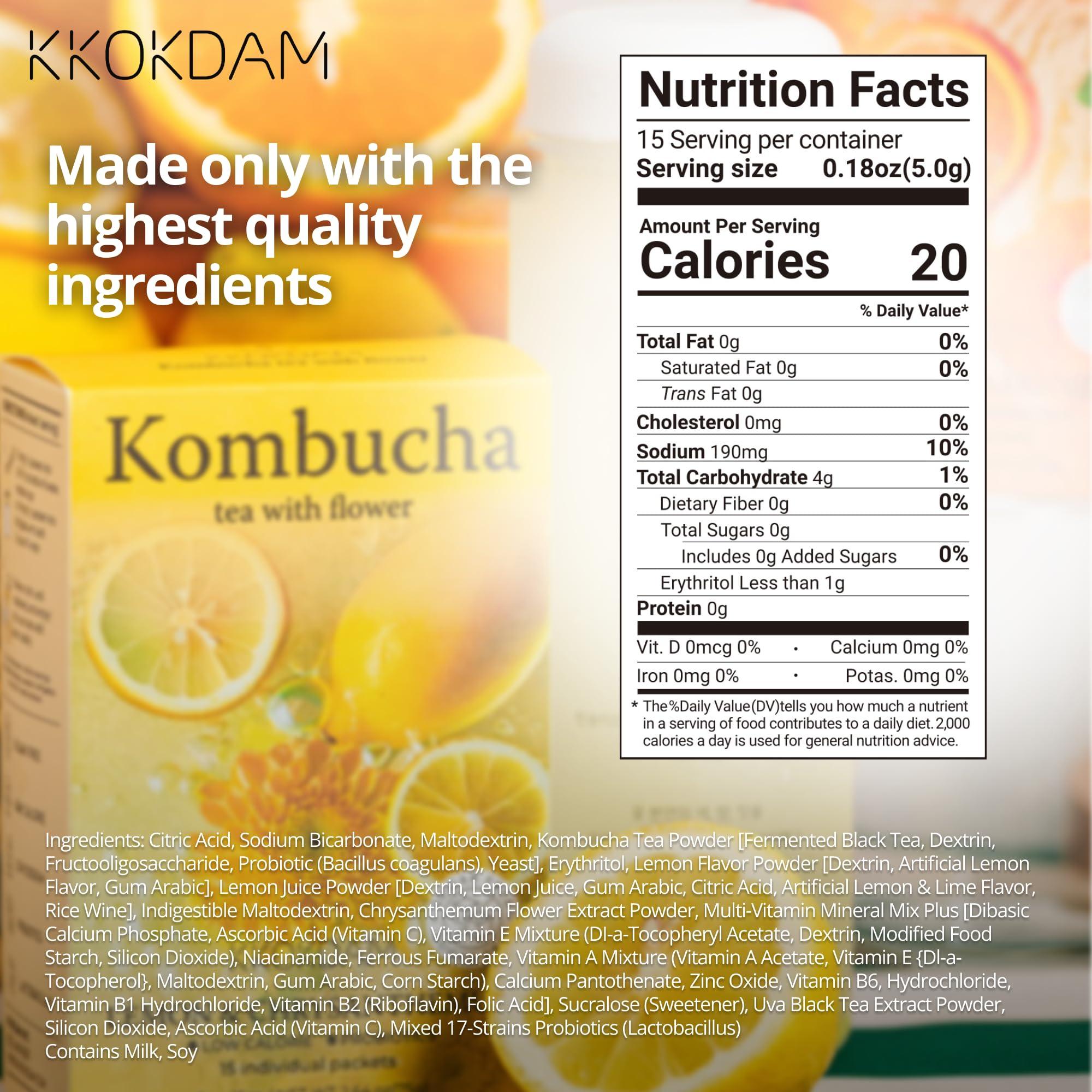 KKOKDAM KKOKDAM Kombucha Tea 15 Packs - Lemon & Chrysanthemum Korean Tea - Kombucha Drinks Probiotic Support, Low Calorie, Sugar Free Kombucha Pack - 15 Kombucha Drink