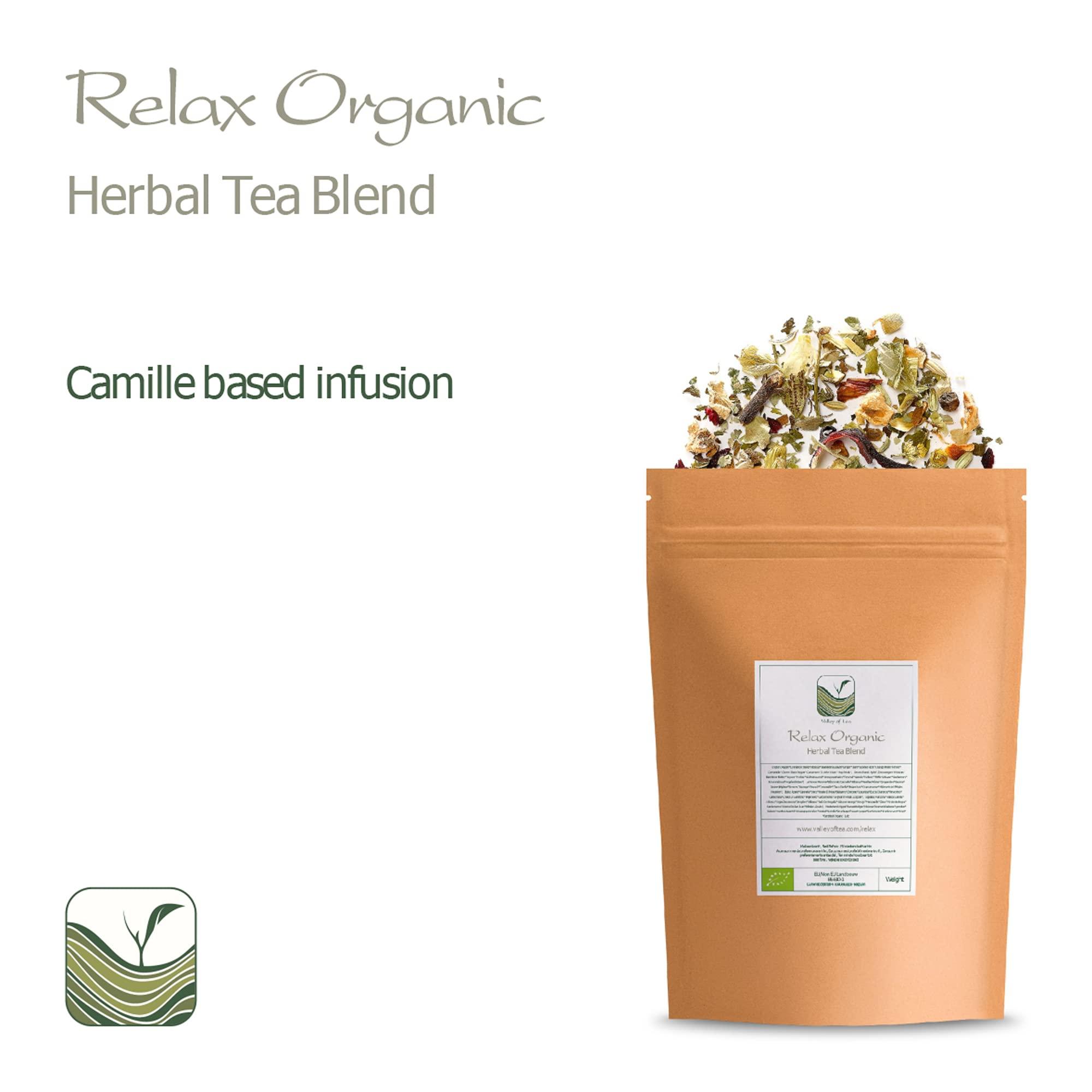 Valley of Tea Relaxing Organic Tea Chamomile Blend - Soothes Anxiety and Relieves Stress - Relaxing the Nerves - Calming Camomille Loose Leaf Blend - Camomille Teas Camameal Tea Camimile Camomile Herb 100g