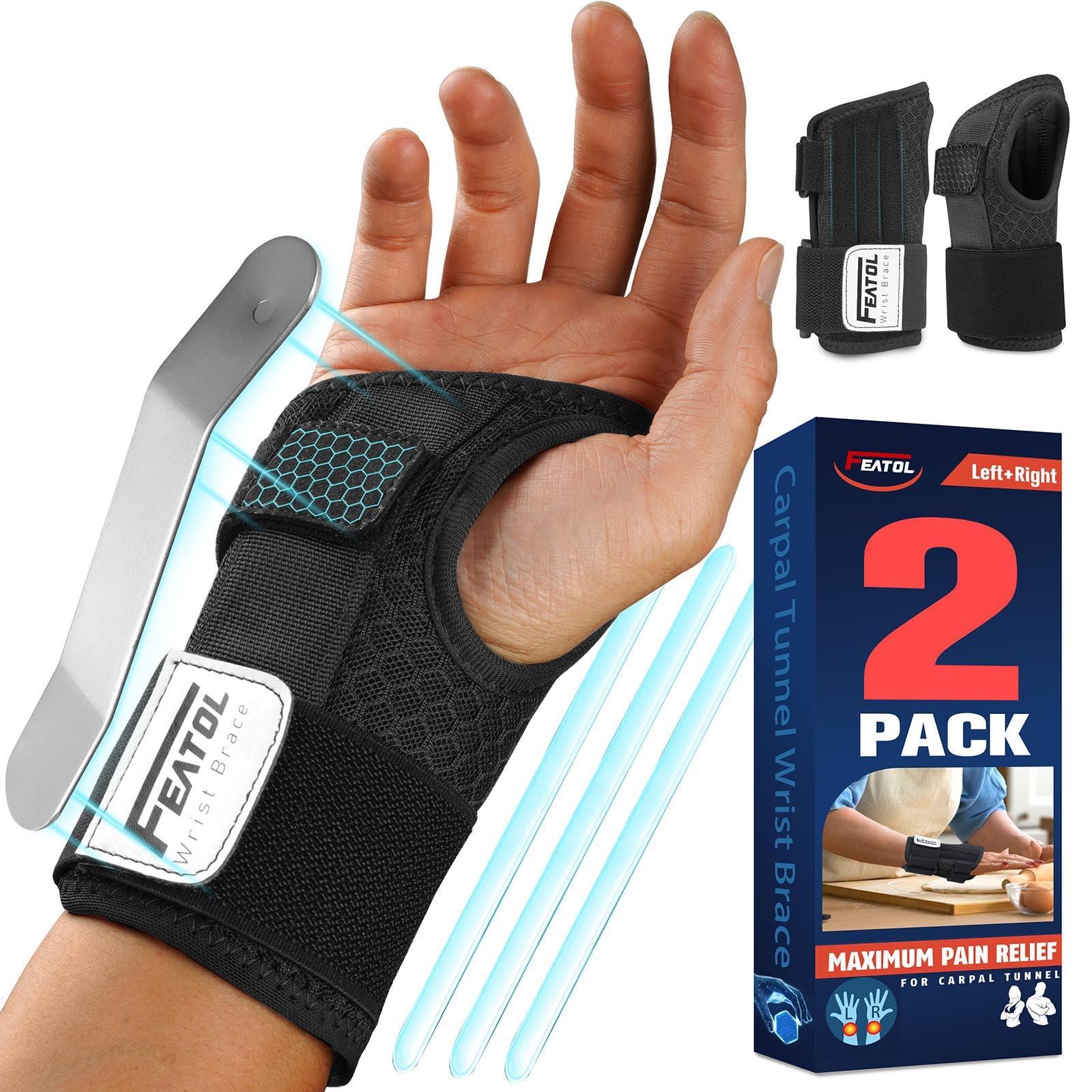 FEATOL FEATOL 2 Pack Carpal Tunnel Wrist Brace For Work With Wrist Splint, Adjustable Wrist Guard Daytime Support For Women Men, Pain Relief For Pregnancy, Typing, Arthritis, Tendonitis, Right Hand Left Hand, Large