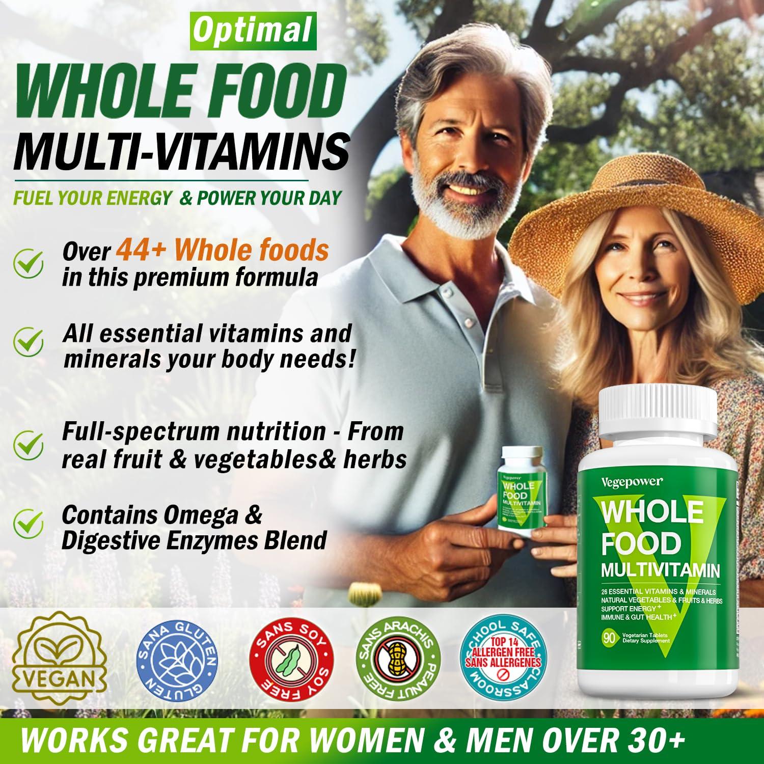 VEGEPOWER Whole Food Multivitamin for Men Women - with 65+ Vitamins, Minerals, Organic Nature Powder & Extracts - Whole Food Supplement for Energy, GUT, immune Health - All Natural, Non-GMO 90 Vegan tablets