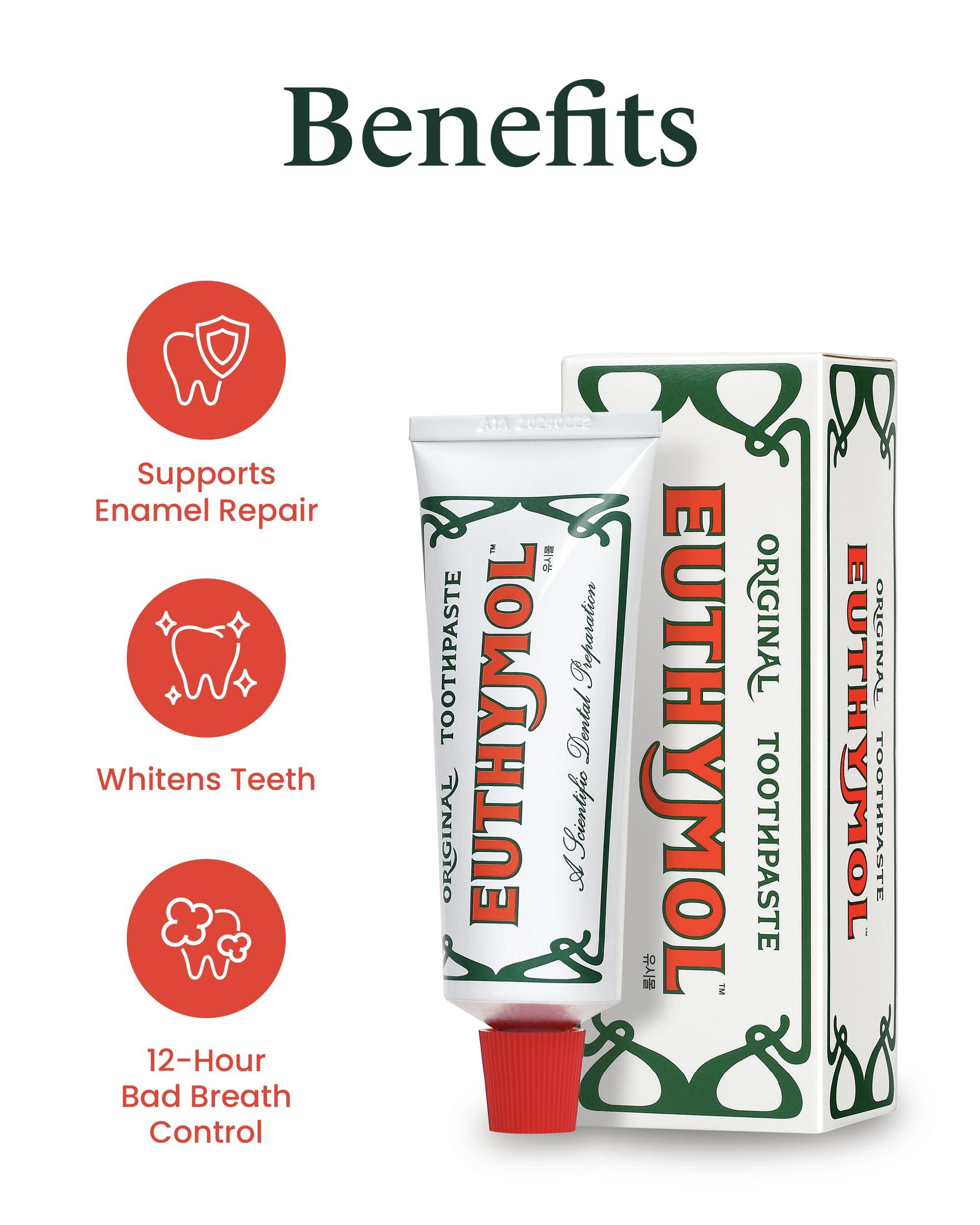 Euthymol Euthymol Original Toothpaste Pack of 5 and Regular Toothbrush Pack of 6 for Sensitive Teeth & Gum. Bad Breath, Cavity Prevention, Gentle, Quick Cleaning.