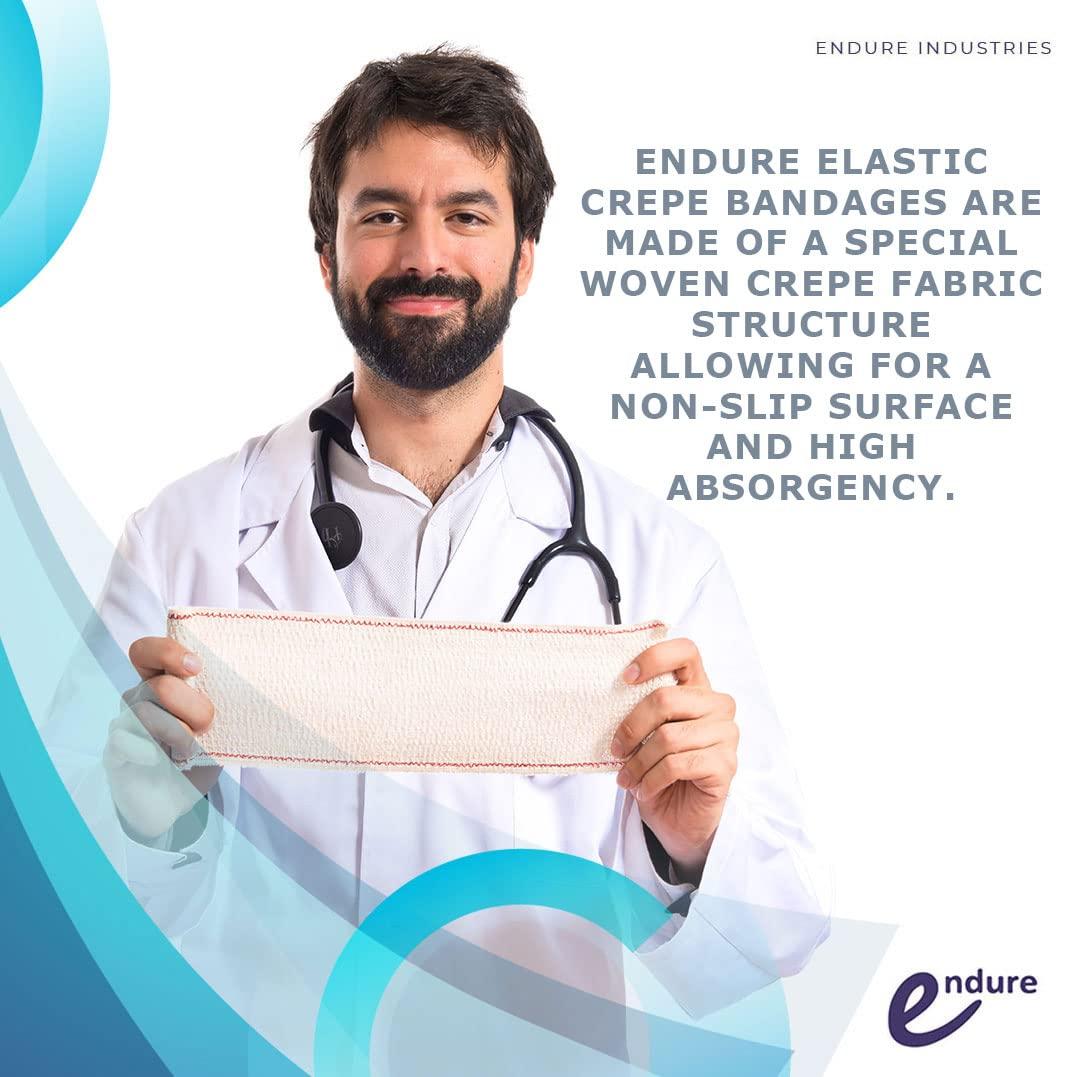 Endure Industries Endure Crepe Cotton Bandage, Elastic Bandage, Pack of 6, Durable Compression Stretched Bandage with Hook and Clips Closure (2 Inches Width x 5 Yards Length)