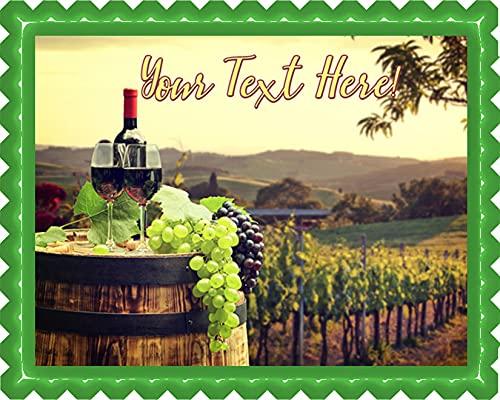 Edible Prints On Cake Red Wine with Barrel on Vineyard - Edible Cake Topper - 7.5" x 10" (1/4 sheet) rectangular