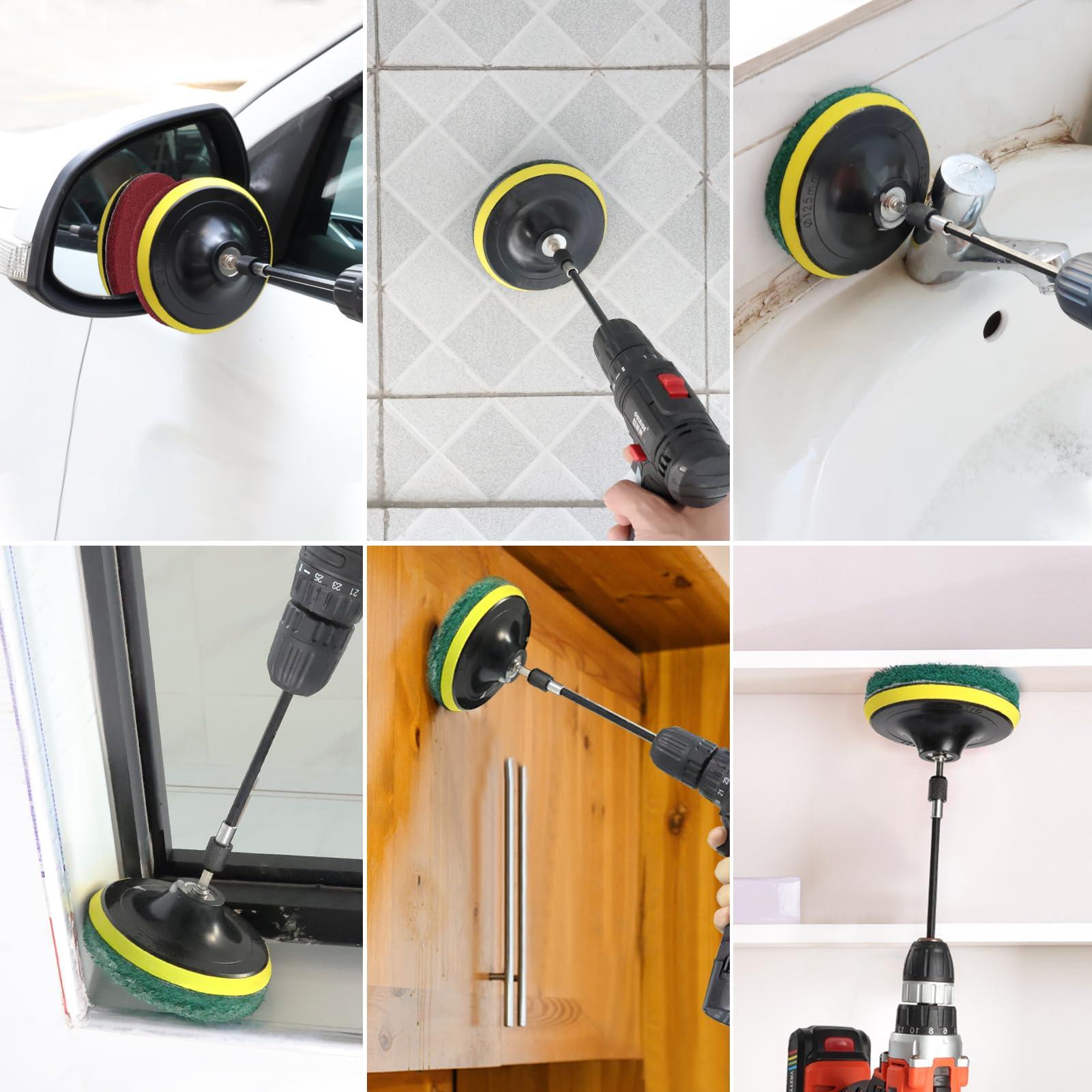 GOH DODD Power Scrub Pads Drill Attachment, GOH DODD 15 Pieces 5 Inch Headlight Restoration Kit Cleaning Kit Scouring Pads with Baker and Universal Shaft for Kitchen, Bathroom, Grout, Carpet, Tub, Grill, Tile
