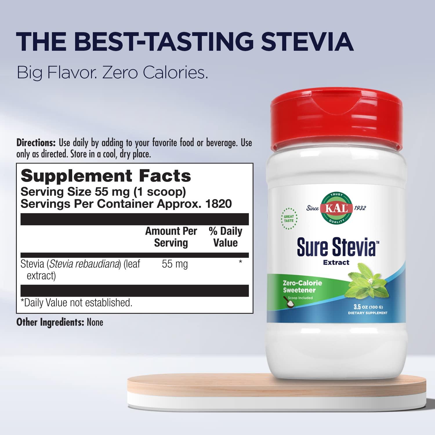 KAL KAL Sure Stevia Extract Powder, Low Carb, Plant Based Stevia Sweetener, Great Taste, Zero Calories, Zero Sugar, Low Glycemic & Perfect for a Keto Diet, 60-Day Guarantee, Approx. 1820 Servings, 3.5oz