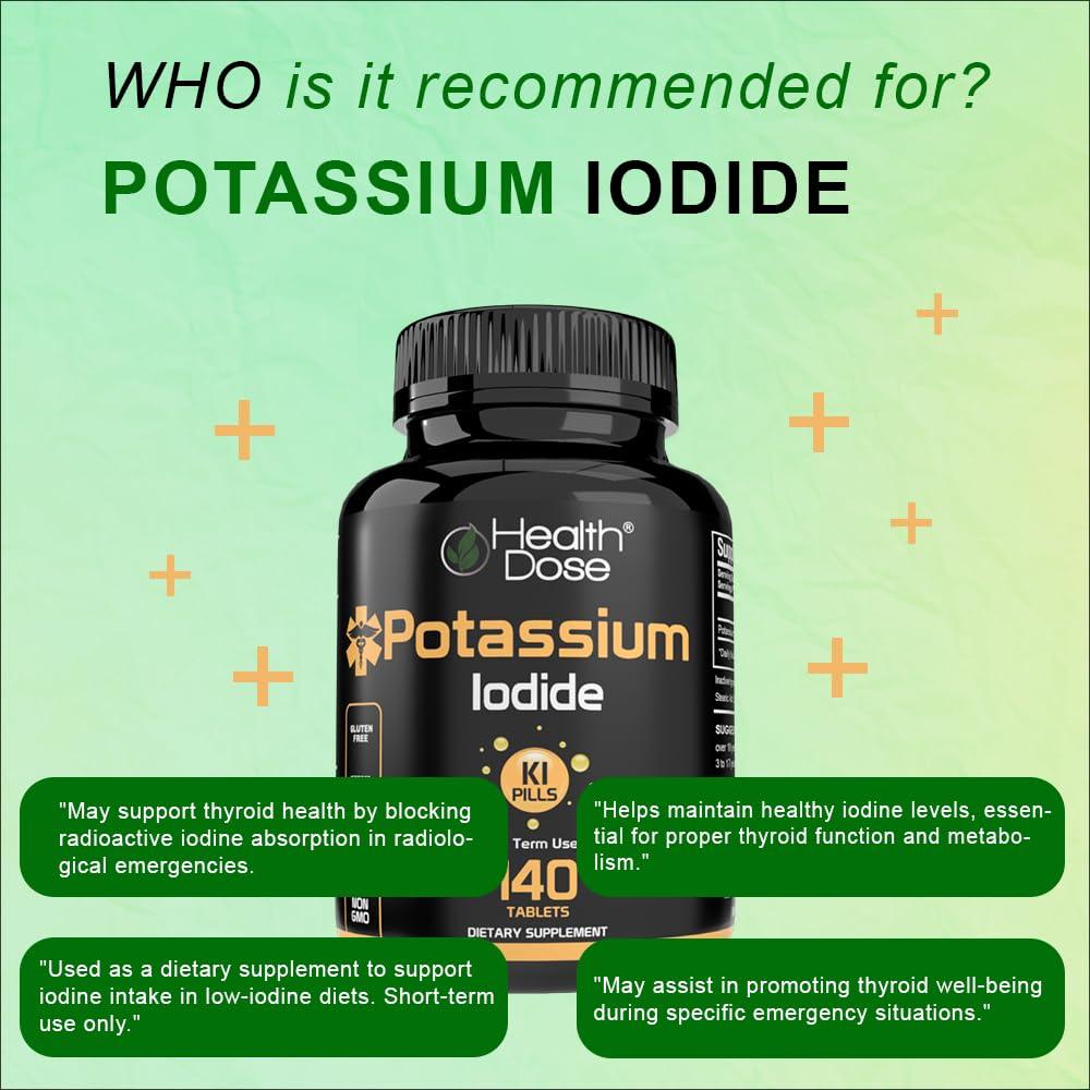 Health Dose Health Dose Potassium + Iodide (KI) Tablets 130mg 140 Tablets for Thyroid Support, Cellular Metabolism & Electrolyte Balance Non-GMO, Gluten-Free, GMP Certified, Pack of 2