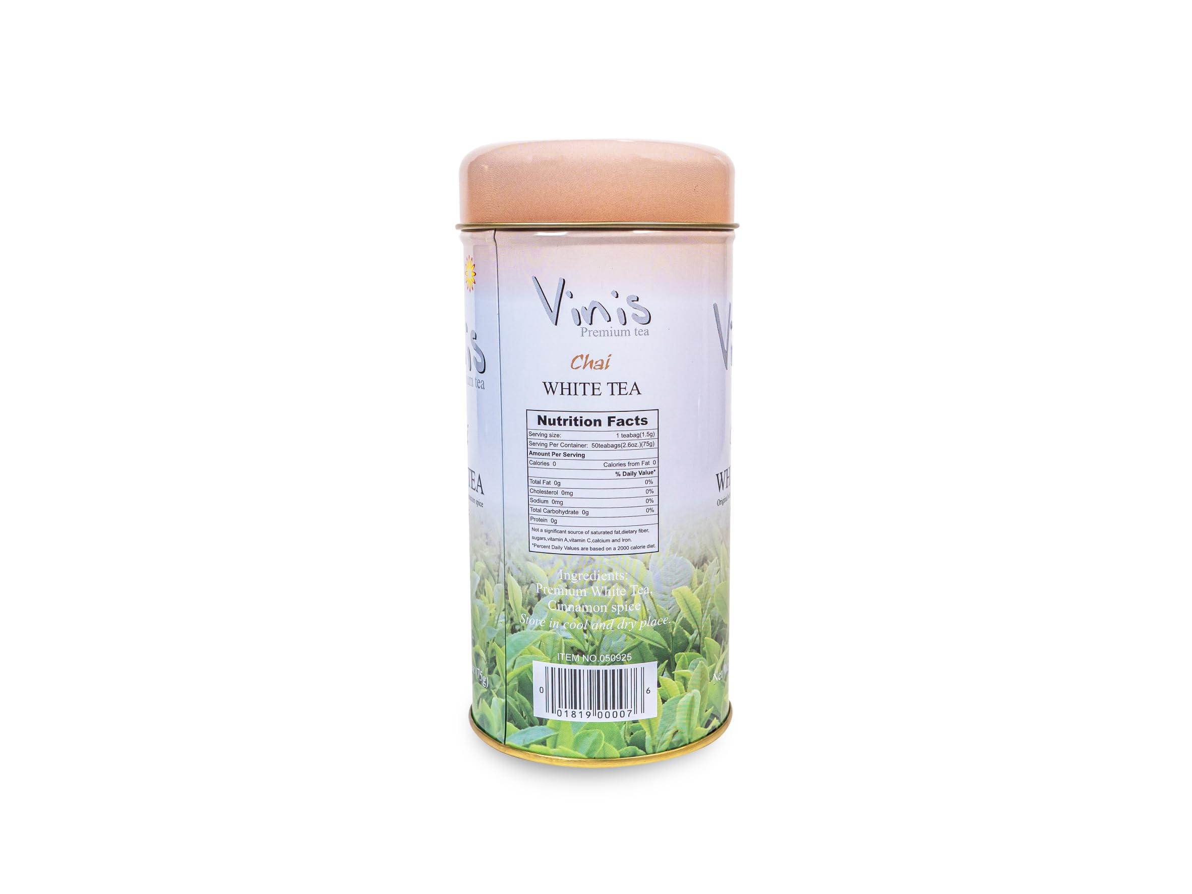 Vinis Vinis Premium Chai White Tea Tea Box of 6 Tins (50 tea bags per Tin) (Chai White Tea)