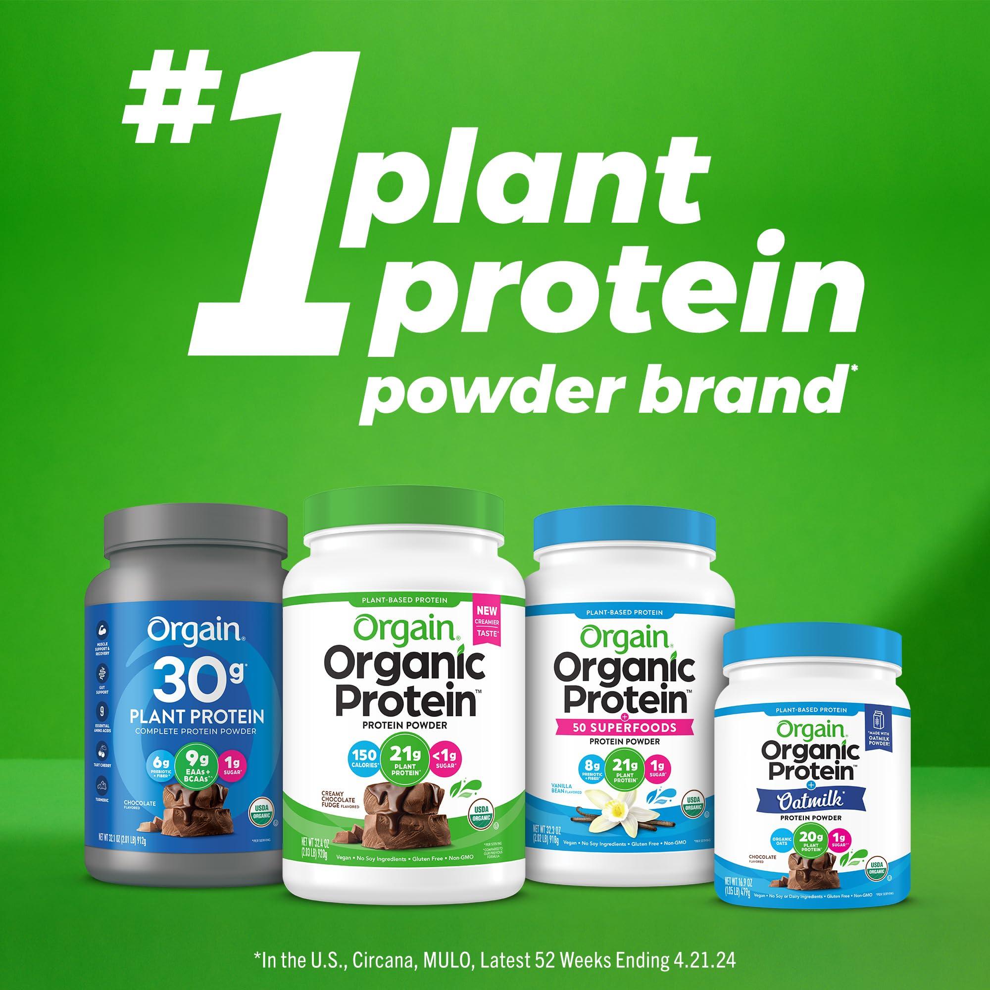 Orgain Orgain Organic 30g Vegan Protein Powder, Chocolate 9g EAAs + BCAAs, Plant Protein, 6g Prebiotic + Fiber, 1g Sugar, Pre-Workout, Muscle Support + Recovery - 2.01lb (Packaging May Vary)