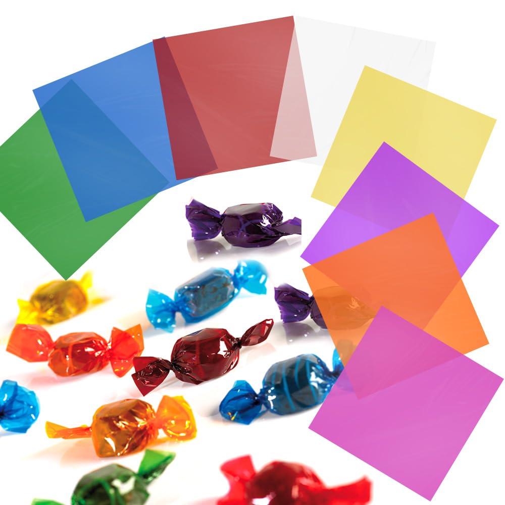 Diueoly Cellophane Wrap, 160pcs Cellophane Sheets, 8 Multi-Colors Colored Cellophane, 7.5x7.5 Inch Transparent Colored Plastic Wrap, Colored Cellophane Wrap for Christmas Valentine DIY Arts Crafts Decorations