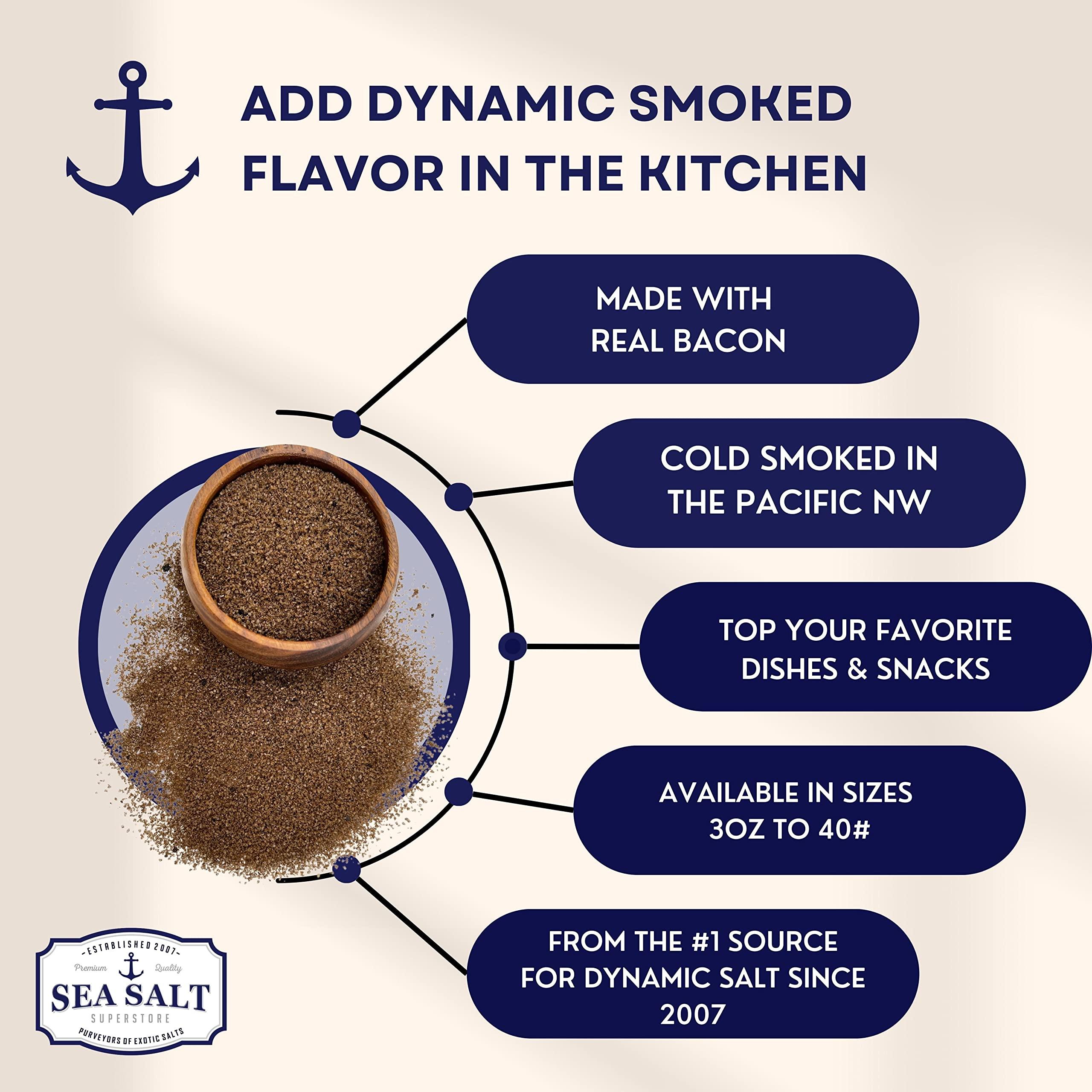 Sea Salt Superstore Smoked Bacon Sea Salt, Bacon Seasoning Smoked Salt, Alderwood Smoked Sea Salt, Bacon Infused Cooking and Finishing Salt, 5 oz Bag Bacon Salt, Sea Salt Superstore