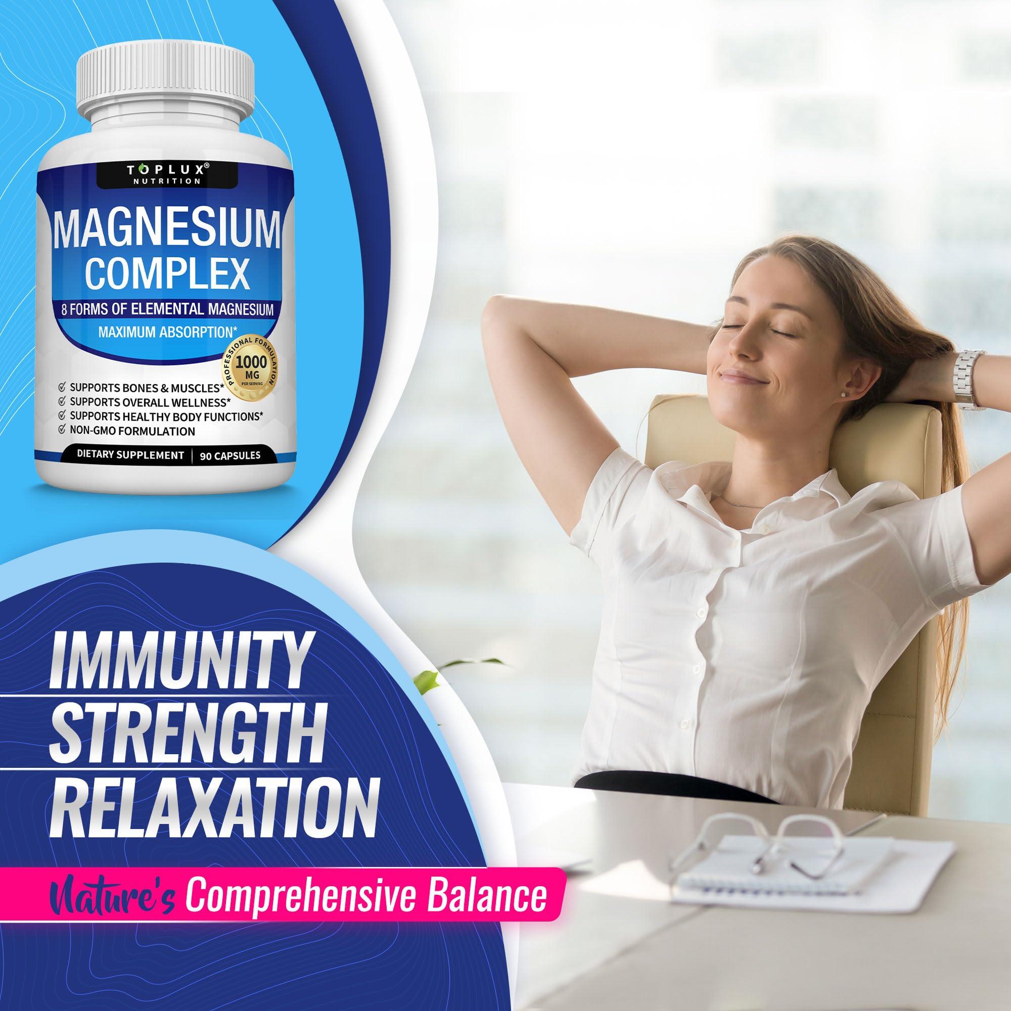 Toplux Magnesium Complex Supplement 8 Elemental Magnesium 1000mg - Magnesium Glycinate, Citrate, Malate, Taurate, Chelated for Easy Absorption for Bones, Muscle, Recovery, Energy, Vegan Non-GMO 90 Capsules