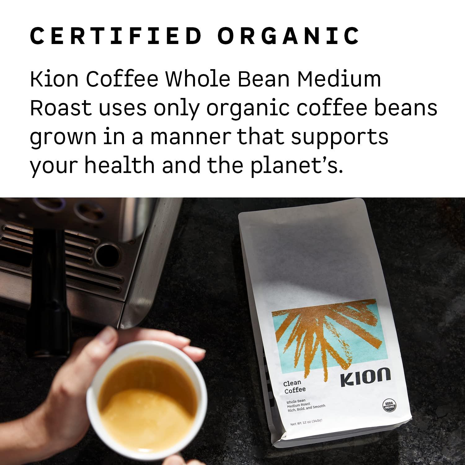 Kion Kion Organic Whole Bean Coffee, Tested for Toxins, Ethically Sourced, Rich, Bold, and Smooth, Medium Roast 12 Oz (1 Pack)