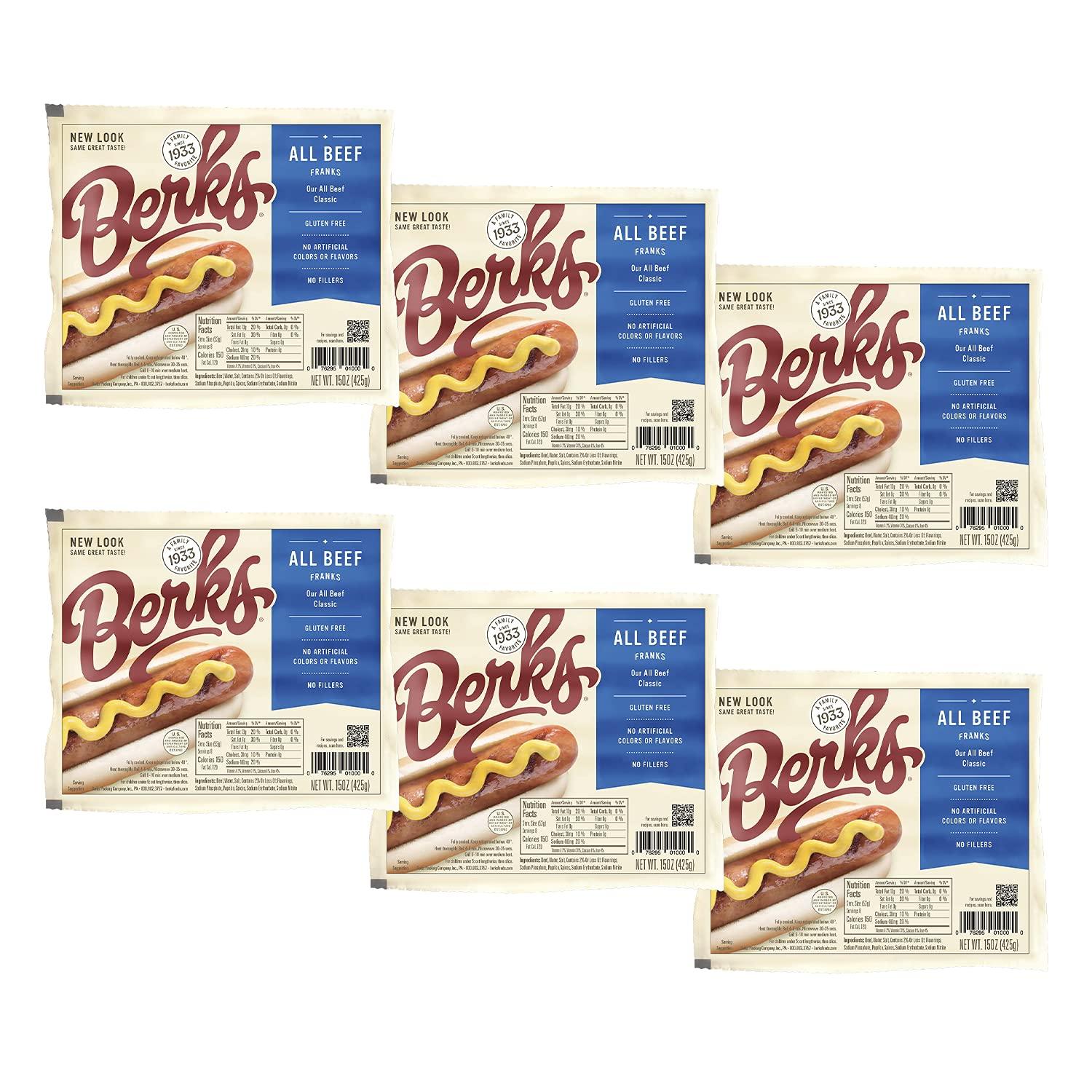 Berks Berks All Beef Hot Dogs Value Pack 8 per Pack (Pack of 6), Gluten-free