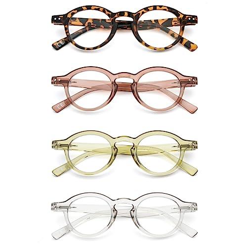 KoKoBin KoKoBin 4-Pack Small Round Reading Glasses Comfortable Readers Colored Stylish Frame for Women (Green&Brow&Leopard&Transparent, 2.25, multiplier_x)