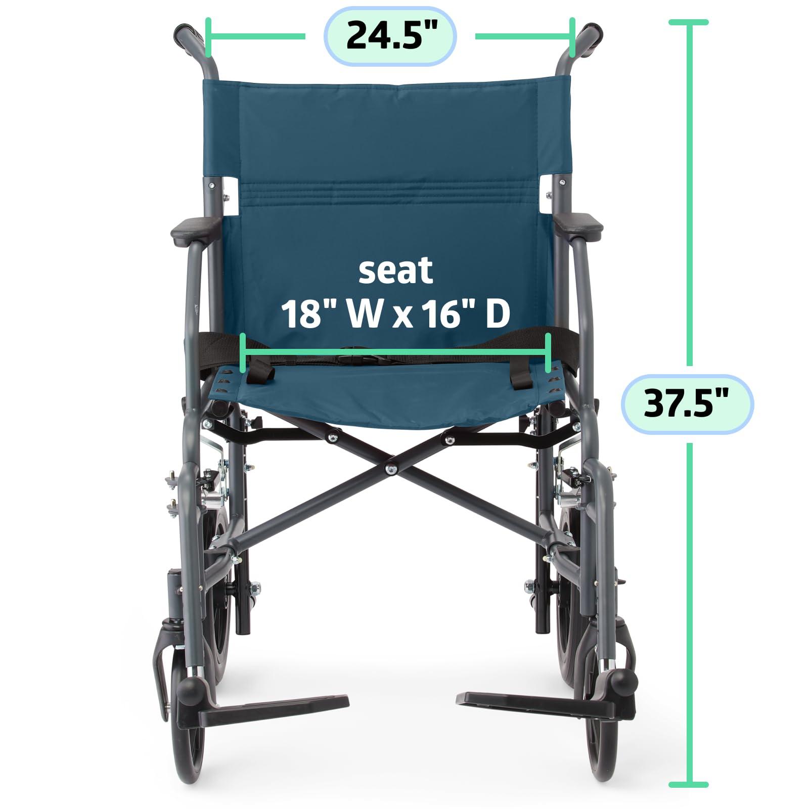 Medline Medline Durable Folding Steel Transport Wheelchair with 12-Inch Wheels, 19-Inch Seat Width, Gray Frame, Microban, Teal Upholstery