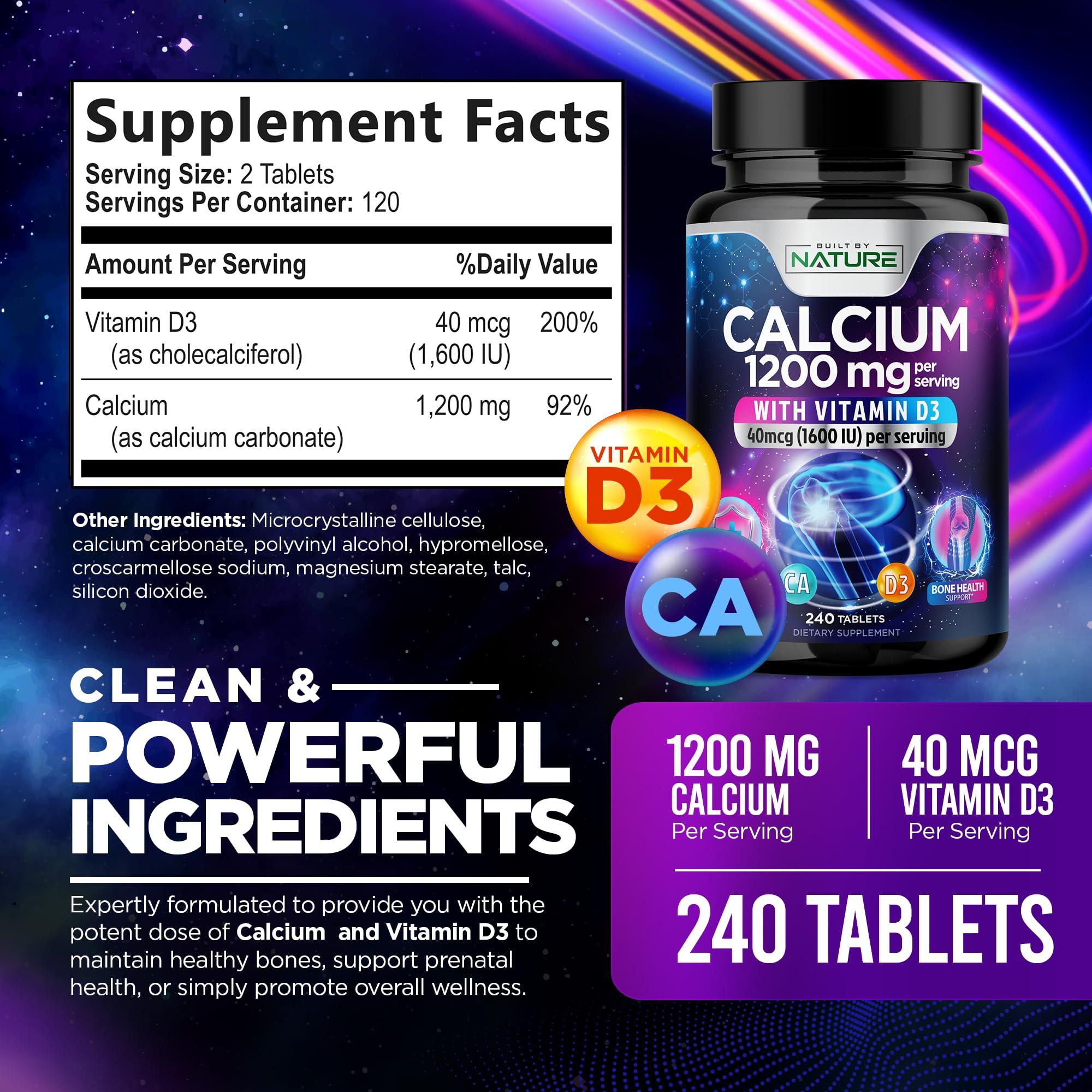 Built by Nature Calcium 1200mg with Vitamin D3 for Best Absorption - Advanced Bone Support Supplement, 1200 mg Calcium Carbonate & 1600 IU Vitamin D3, Slow Release for Immune Support, Easy to Swallow, 240 Tablets