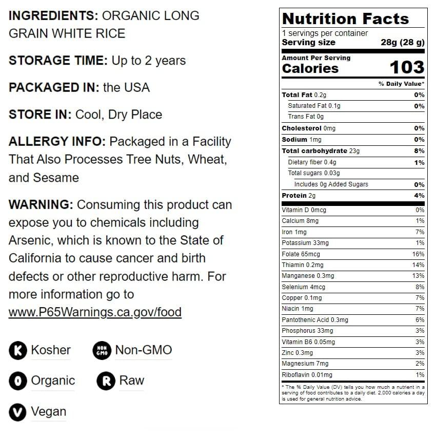 Food to Live Food to Live Organic Long Grain White Rice, 5 Pounds Non-GMO, Vegan, Kosher. Easy to Cook. Stays Separate and Fluffy. Low in Fat. Contains Iron. Perfect for Stuffing, Pilafs, Salads.