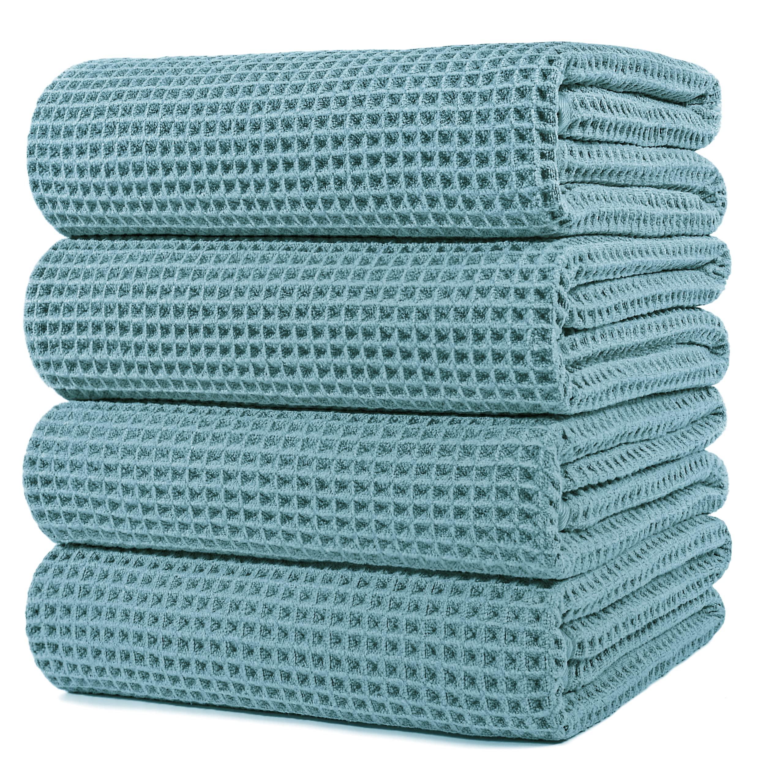 POLYTE POLYTE Microfiber Oversize Quick Dry Lint Free Bath Towel, 60 x 30 in, 4 Pack (Green, Waffle Weave)