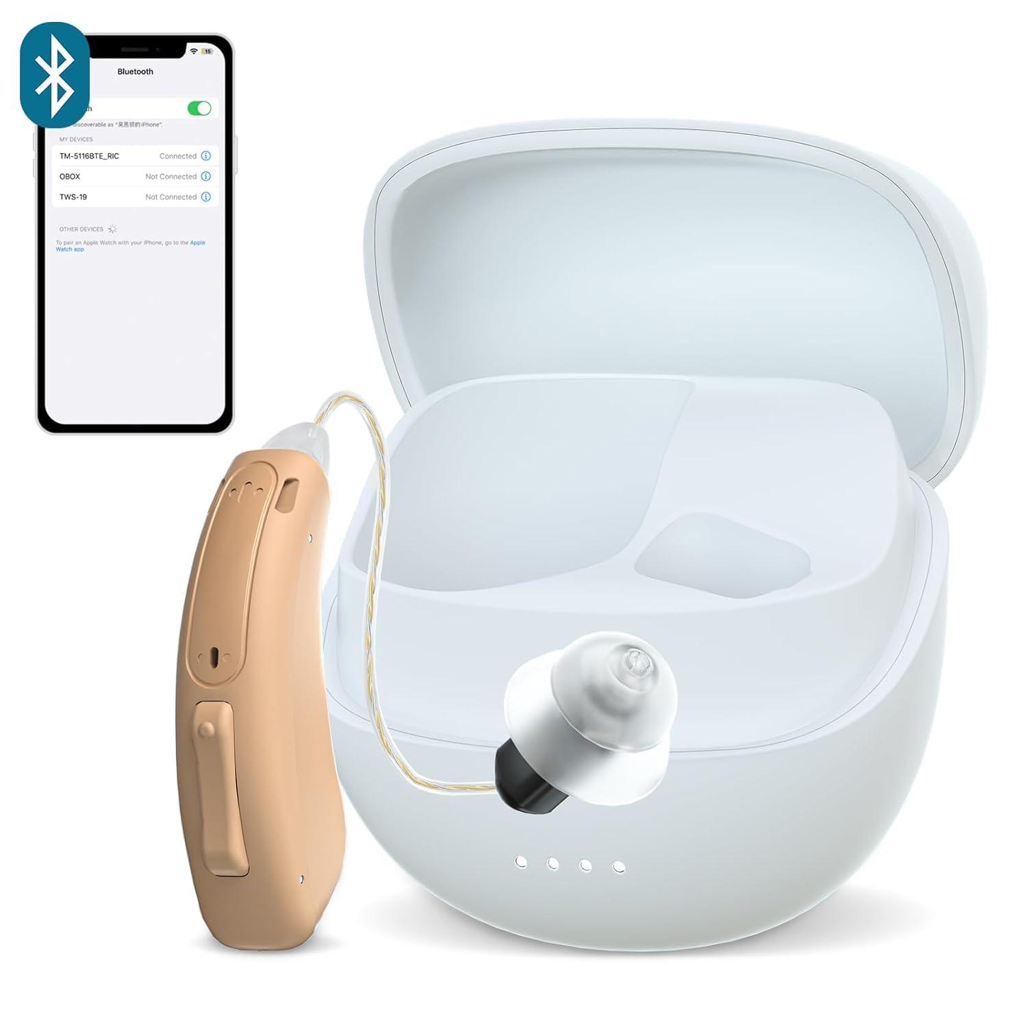 AuyeeMOMO RIC Single Hearing Aid for Seniors ,CUSTOM FIT Digital Over-The-Counter Rechargeable Tinnitus Masking Premium Hearing Aid Solution for Adults,Nearly Invisible Bluetooth Call Enabled,Auto-On, 1pc Left Side