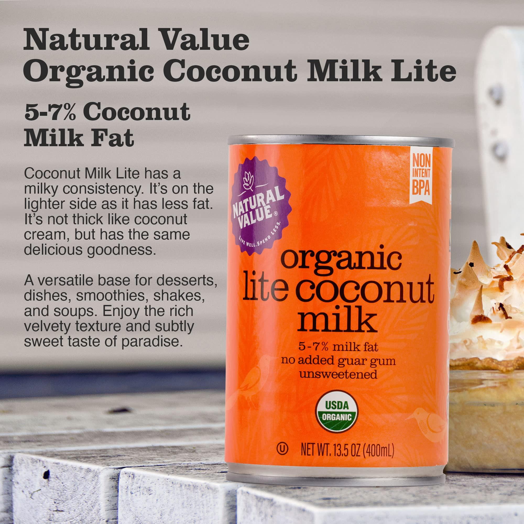 Natural Value Natural Value Coconut Milk, Organic, Lite 5-7% Milk Fat,13.5 oz (pack of 6) No added Guar Gum, Unsweetened, Gluten Free, Keto Friendly, Fairtrade, Vegan, Kosher, No Monkeys used in Harvesting