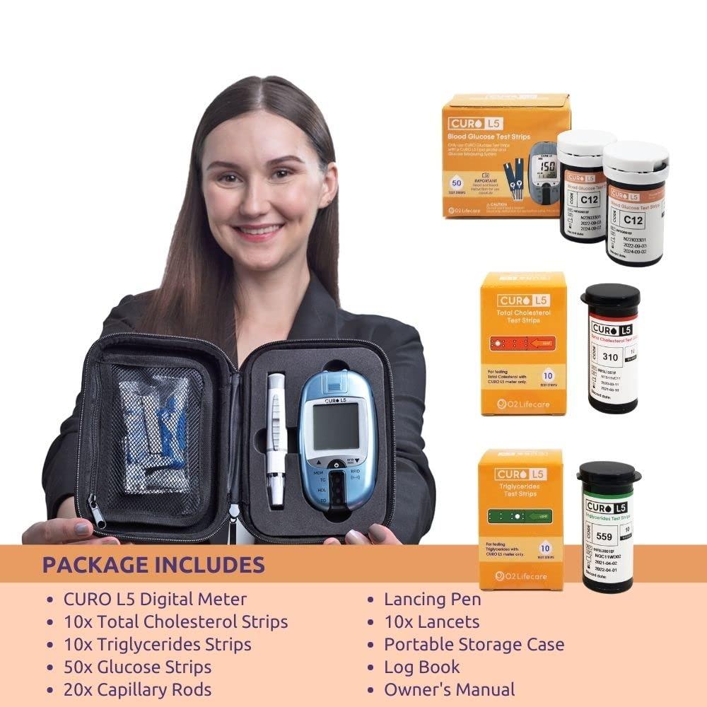 CUROFIT All in One CURO Home Blood Cholesterol Test Kit (L5 Device + 10 Total Cholesterol Strips + 10 Triglycerides Strips + 50 Glucose Strips Included)
