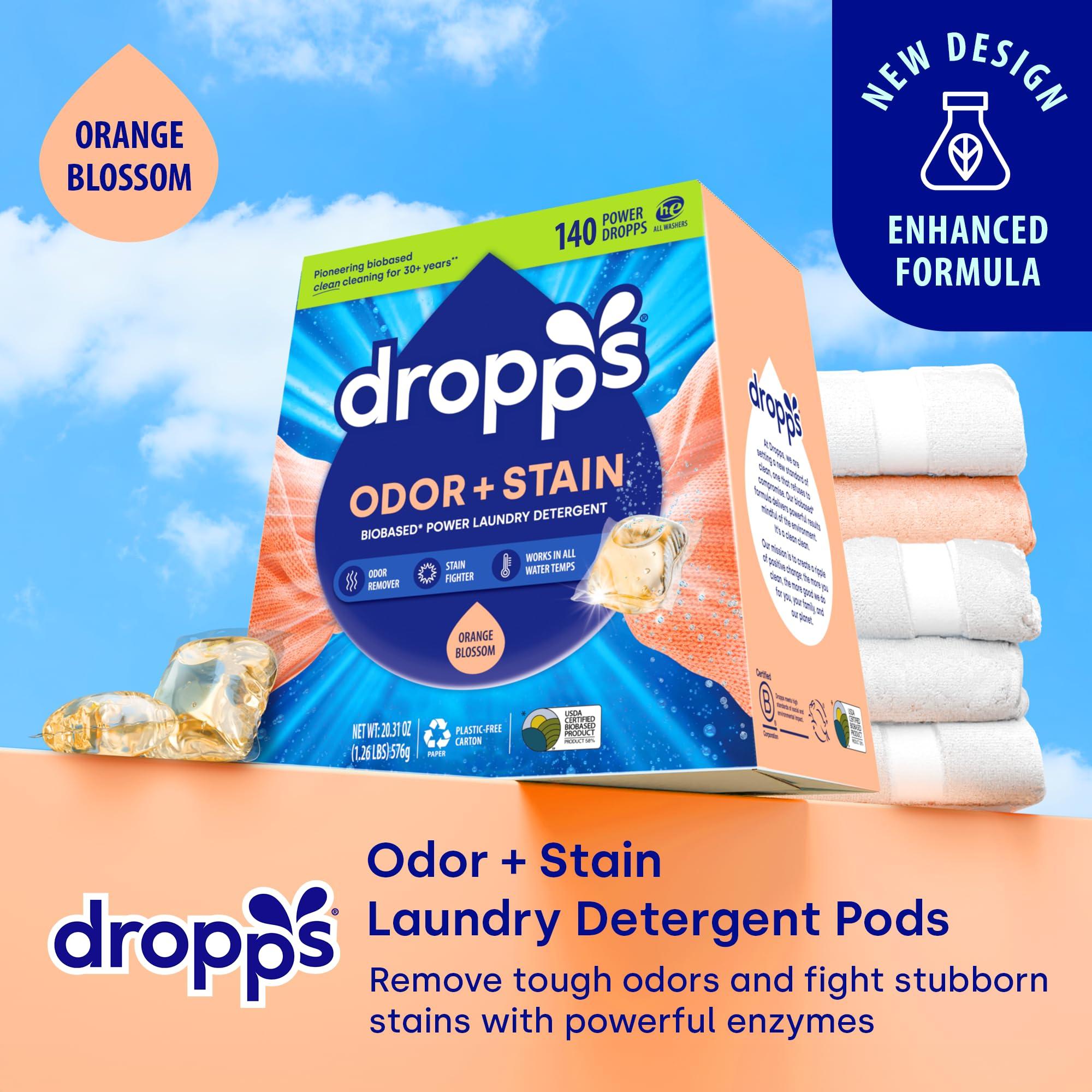 dropps Dropps Odor & Stain Biobased Power Laundry Detergent Pods, Orange Blossom (140 Count) - HE Compatible Laundry Pods for Fresh Clothes - Laundry Soap Supplies & Recyclable Paperboard Packaging