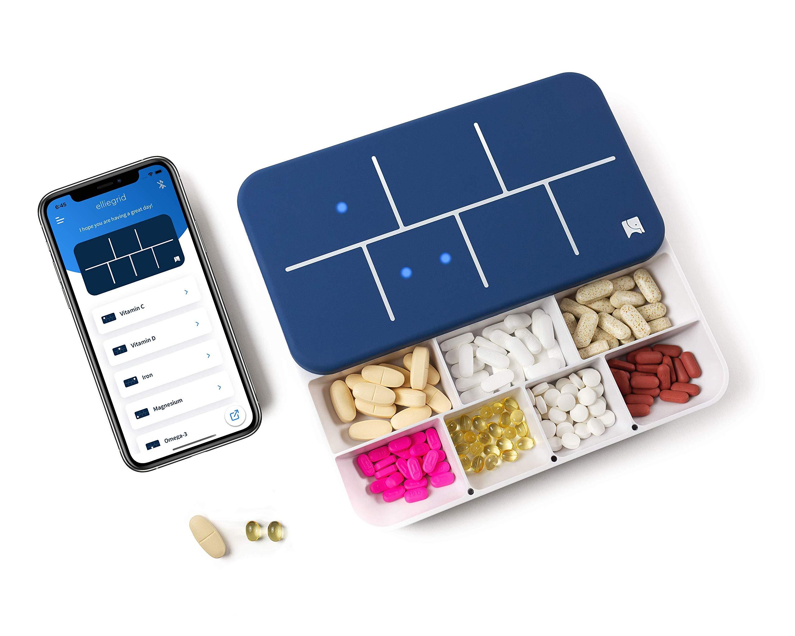 elliegrid Monthly Pill Organizer by Ellie | Organize Pills in Seconds | Alarm & Phone Notification | Caregiver Notifications | Lights Indicate Which Pills to Take and How Many