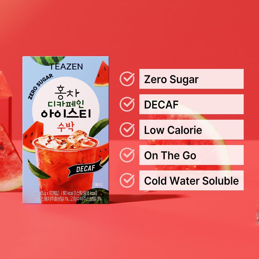 TEAZEN Teazen Summer Watermelon Iced Tea, Sugar Free, Uva Black Tea, Hydration Drink Mix, Decaf, 10 Sticks, 1.76oz