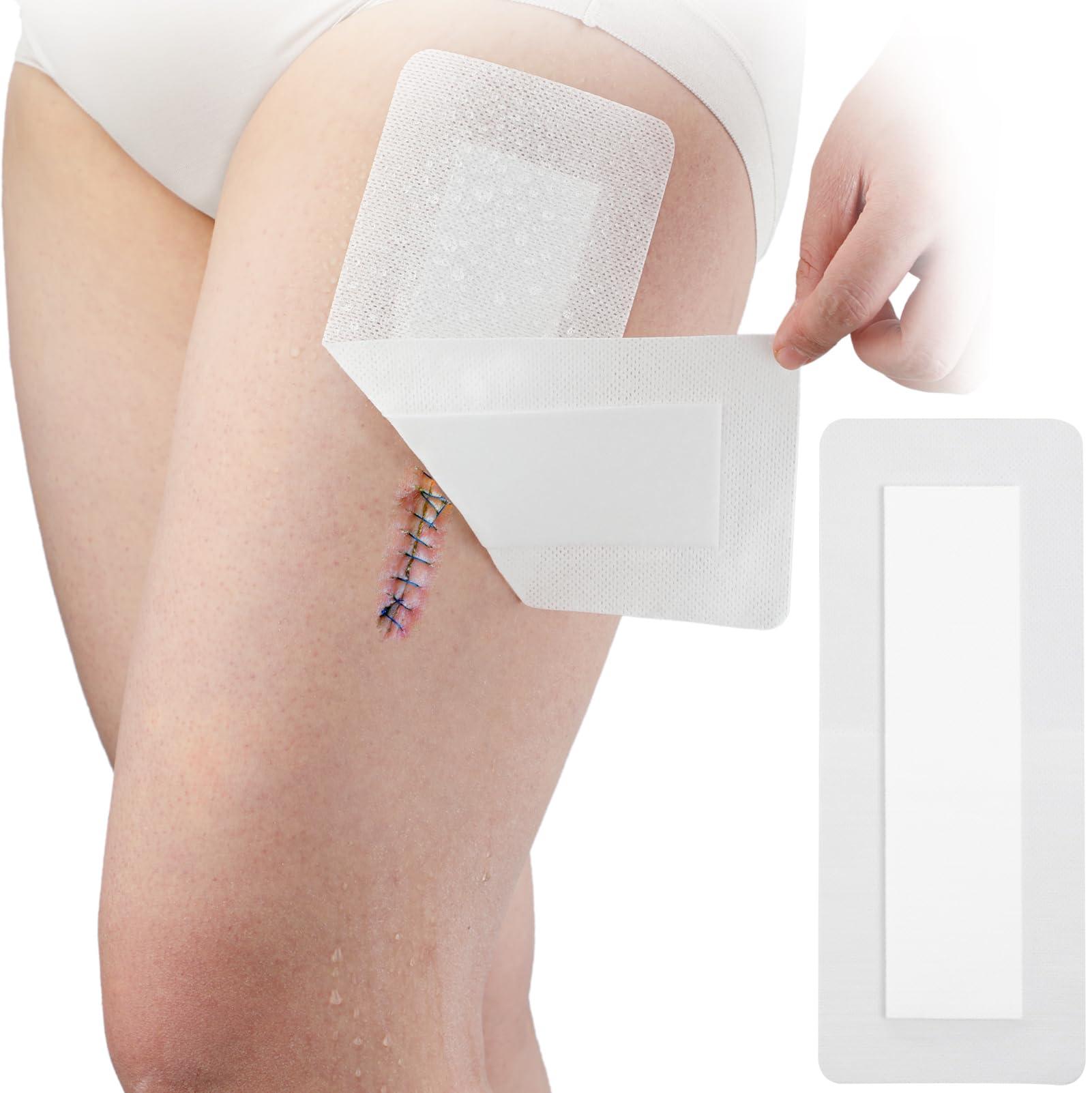 Hola Health 10 Pcs Waterproof Adhesive Island Dressing 4\"x14\" for Post Knee Replacement Hip Surgery Shower Protector Bandage Extra Long Surgical Incision Wounds Cover Breathable Bordered Gauze